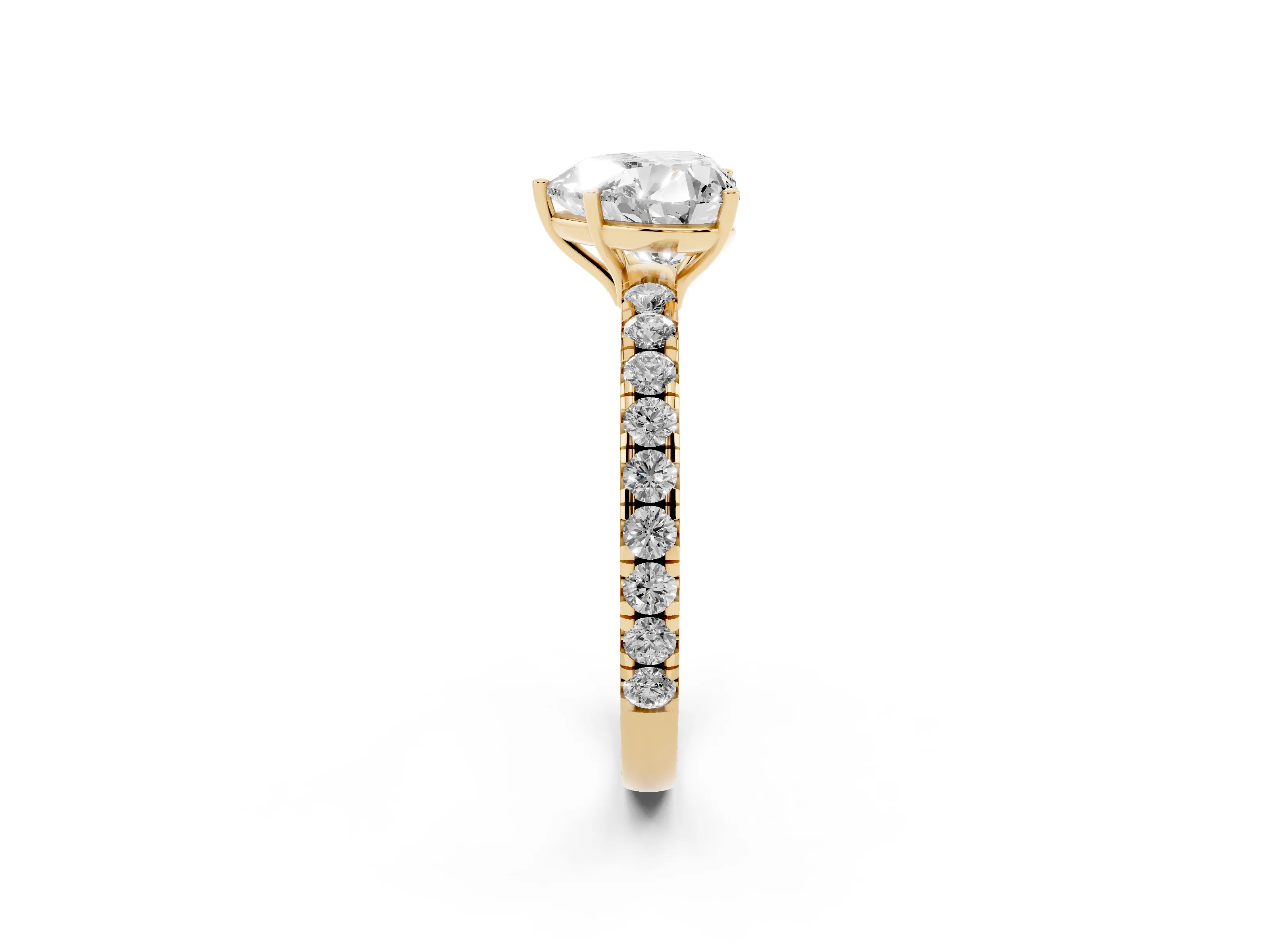 Heart Cut Diamond Pavé Solitaire Engagement Ring Set in Yellow gold with Prong Setting