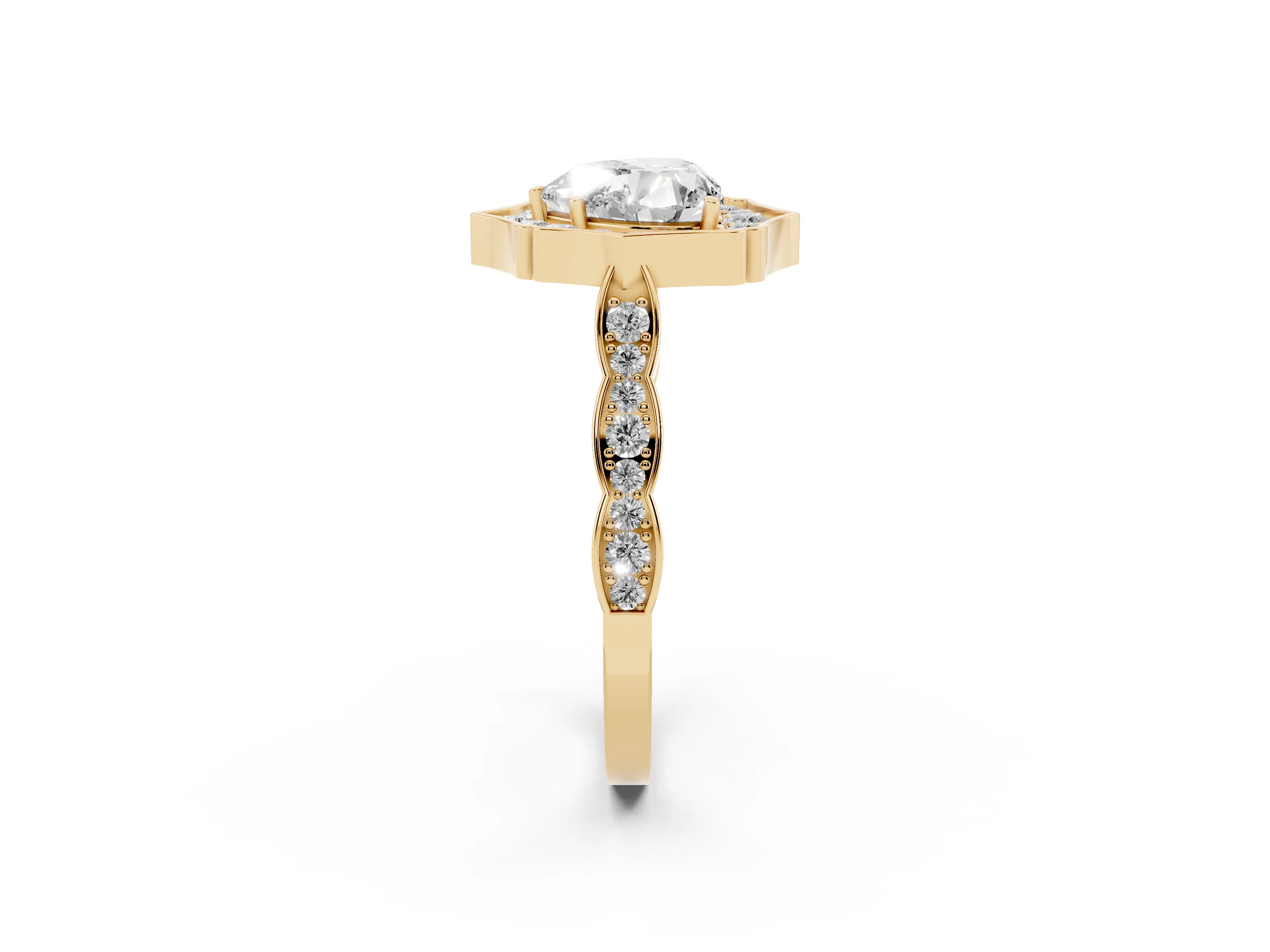 Heart Cut Diamond Halo Engagement Ring Set in Yellow gold with Milgrain Band and Prong Setting
