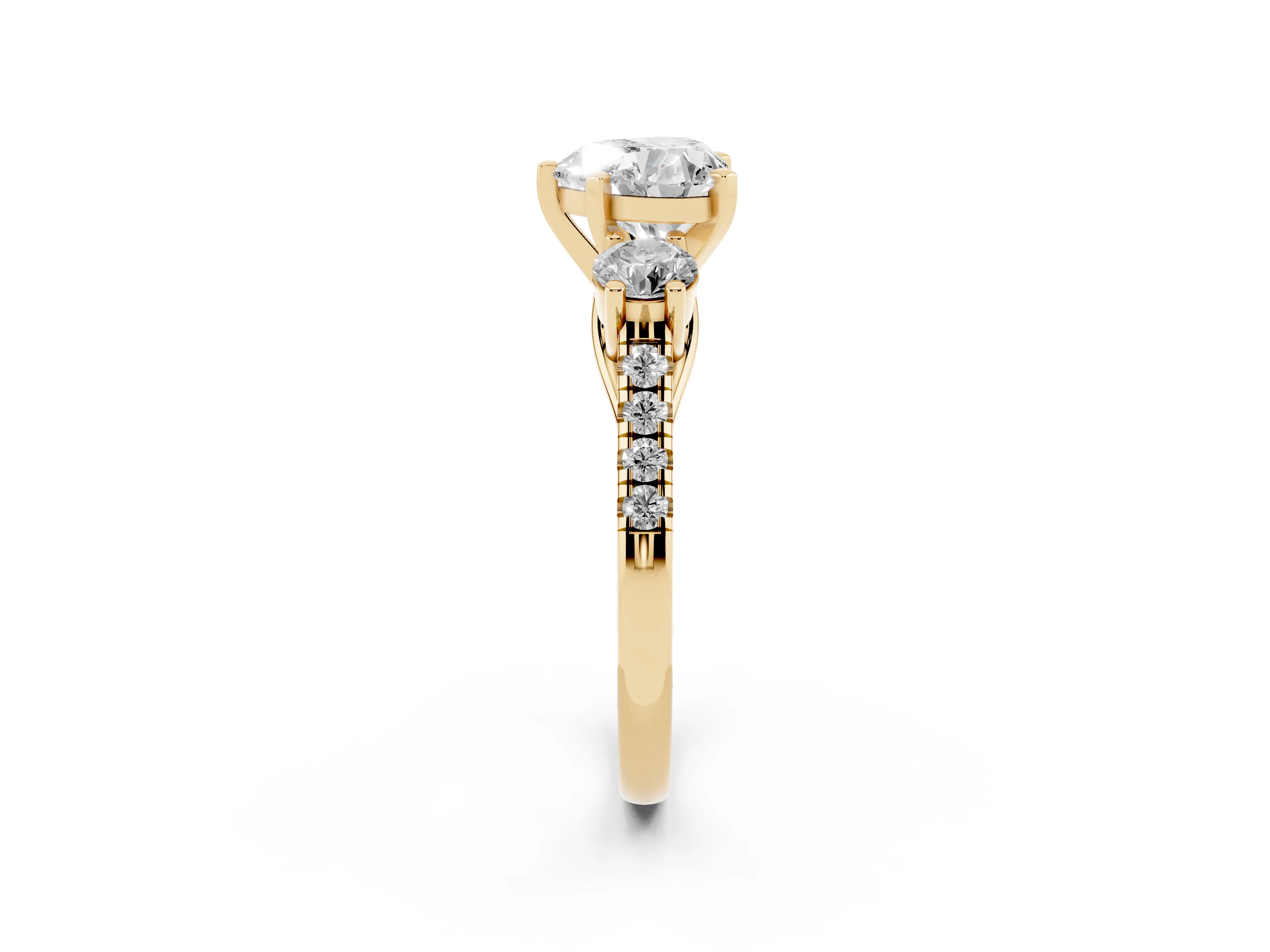 Three-Stone Heart Cut Diamond Pavé Band Ring Set in Yellow gold with Prong-Set Trio