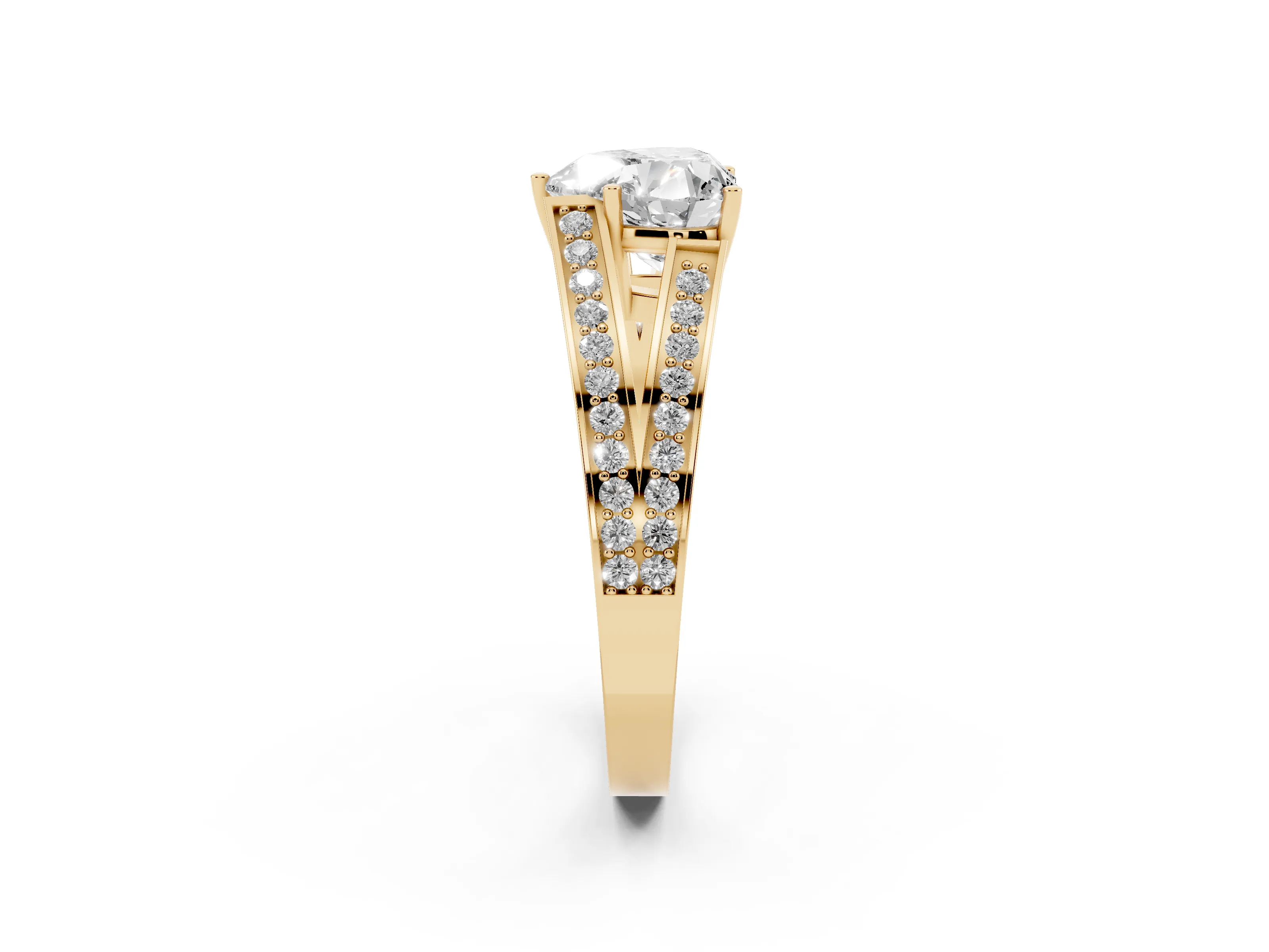 Heart Cut Diamond Split Shank Ring Set in Yellow gold with Pavé Band and Prong Setting