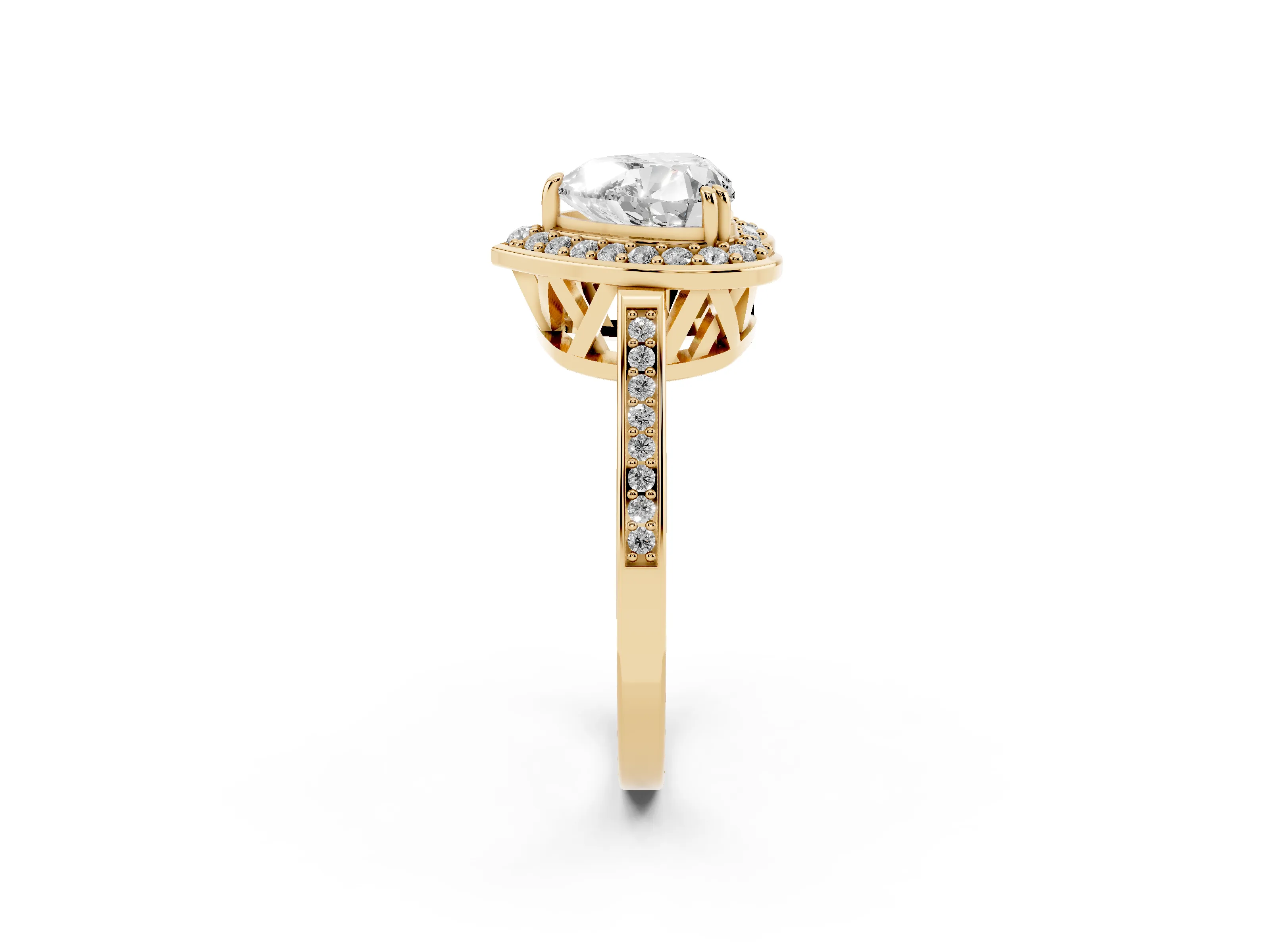 Heart Cut Diamond Halo Ring Set in Yellow gold with Accent-Lined Split Shank and Prong Setting