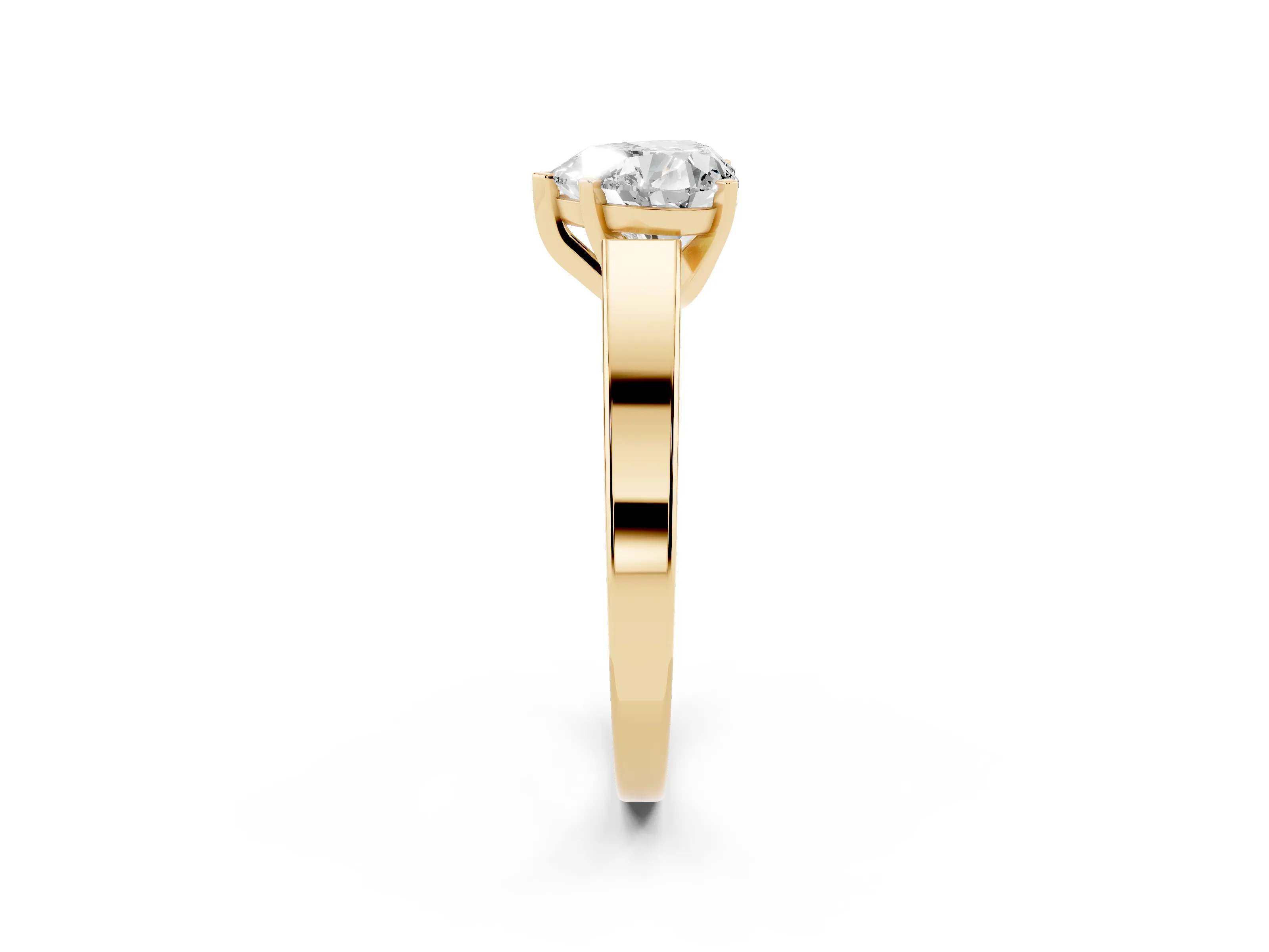 Heart Cut Diamond Solitaire Engagement Ring Set in Yellow gold with Prong Setting and Tapered Band