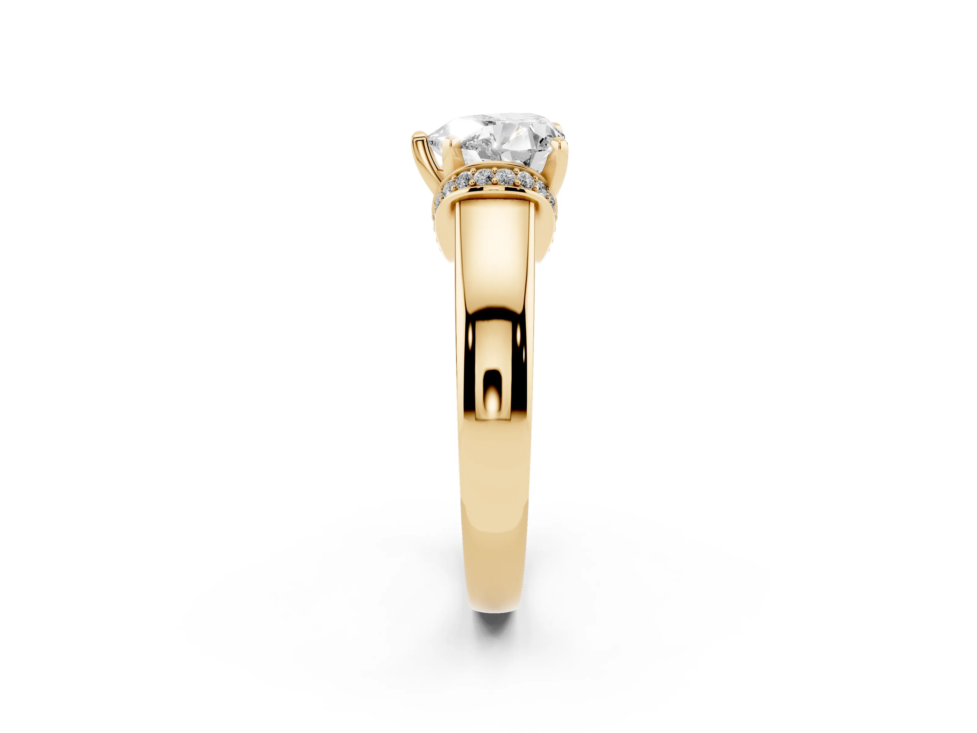 Heart Cut Diamond Pavé Band Solitaire Ring Set in Yellow gold with Prong Setting
