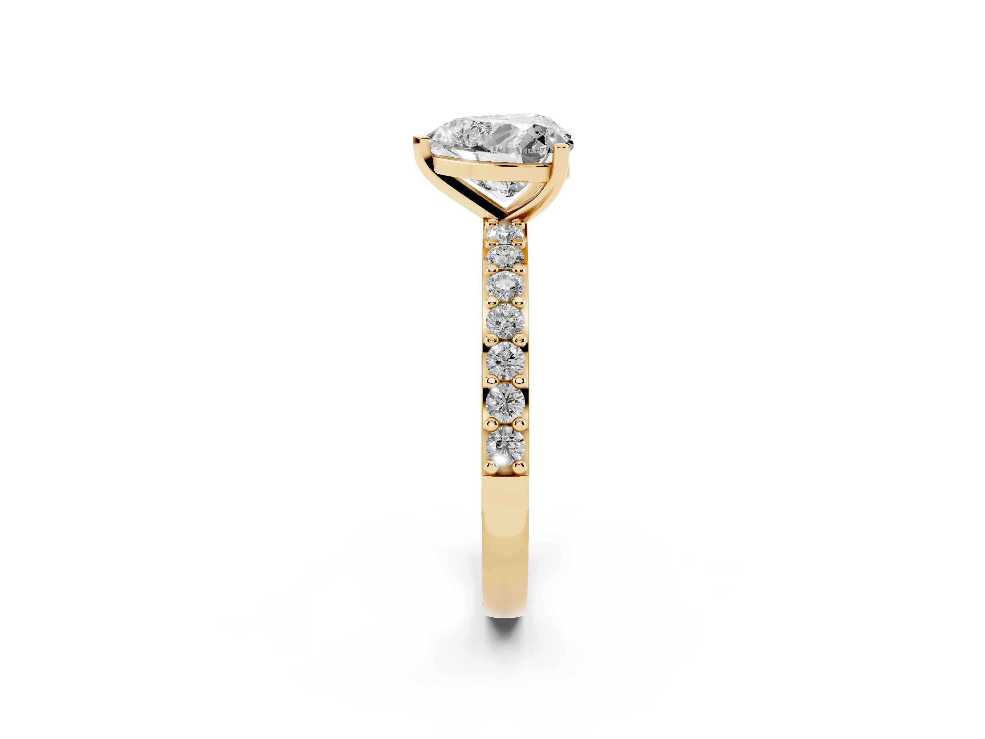 Heart Cut Diamond Solitaire Set in Yellow gold with Round Pavé Band and Prong Setting