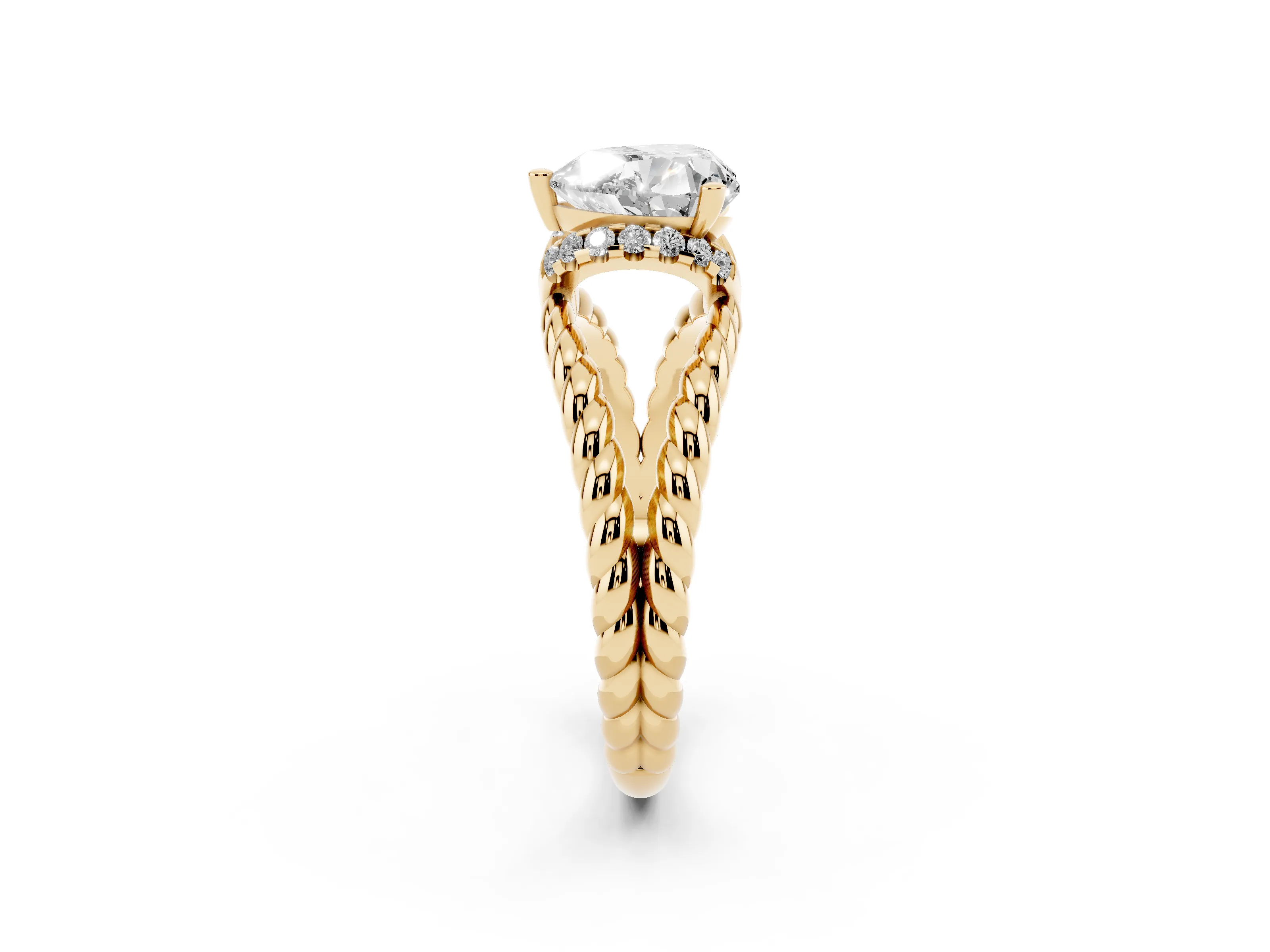 Heart Cut Diamond Halo Ring Set in Yellow gold with Twisted Band and Prong Setting