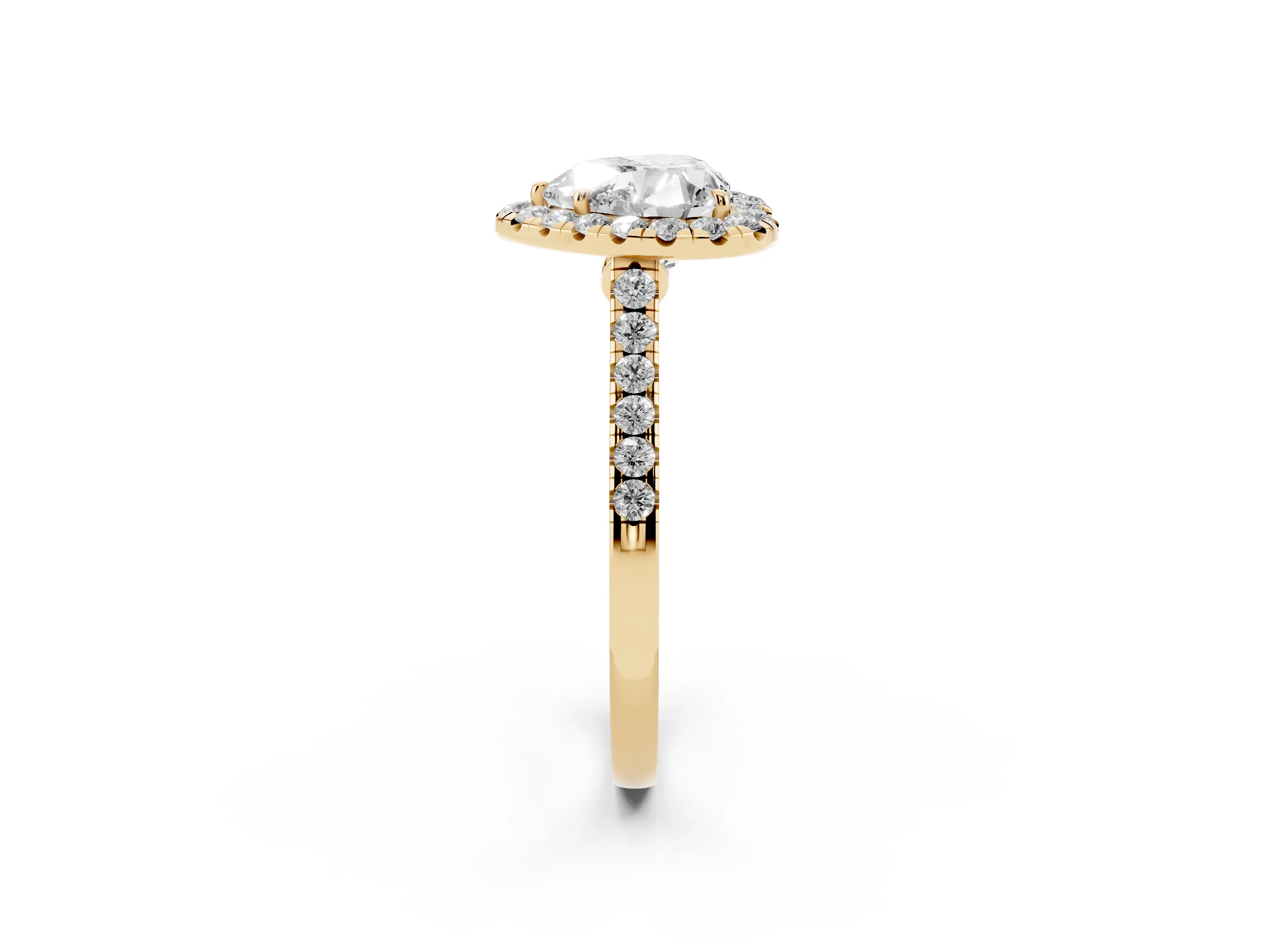 Heart Cut Diamond Halo Pavé Engagement Ring Set in Yellow gold with Prong Setting