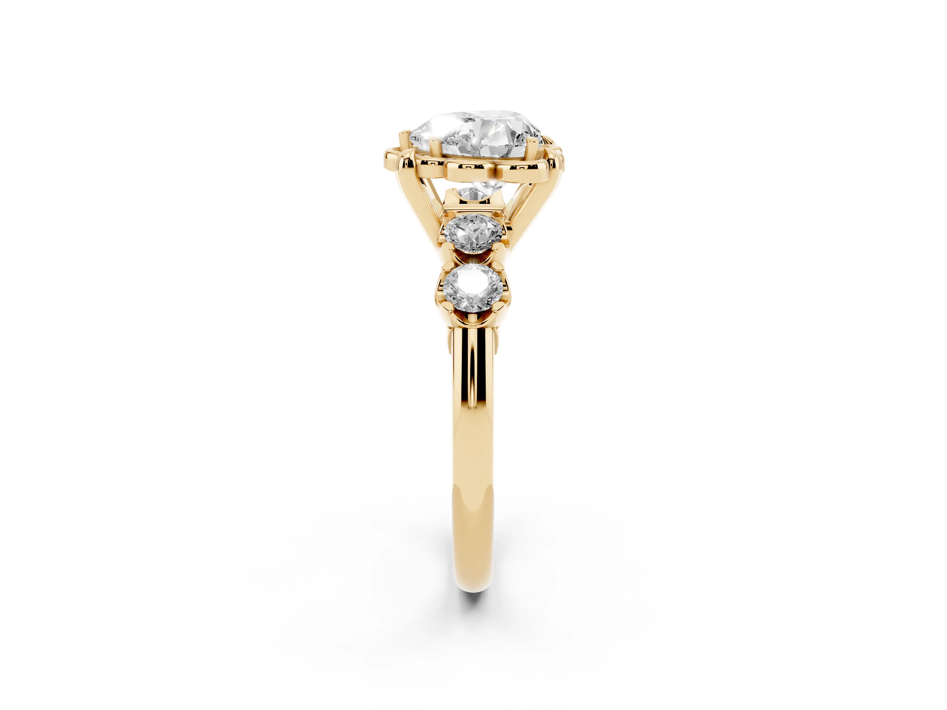 Heart Cut Diamond Floral Halo Ring Set in Yellow gold with Shared Prong Band