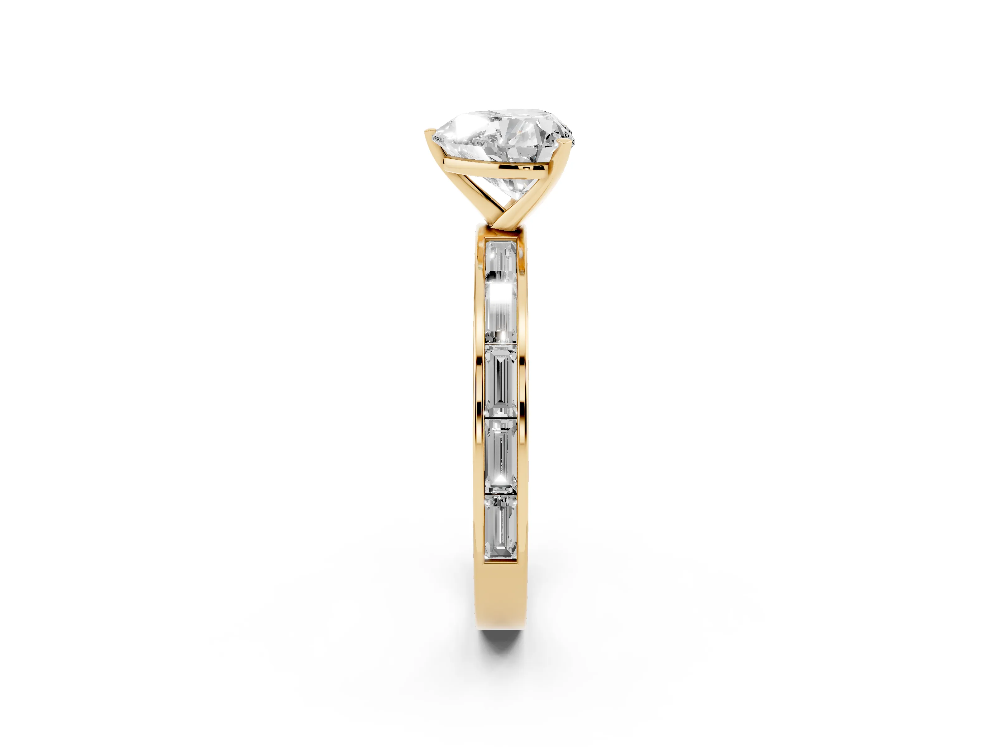 Heart Cut Diamond Solitaire Ring Set in Yellow gold with Channel-Set Baguette Band and Prong Setting