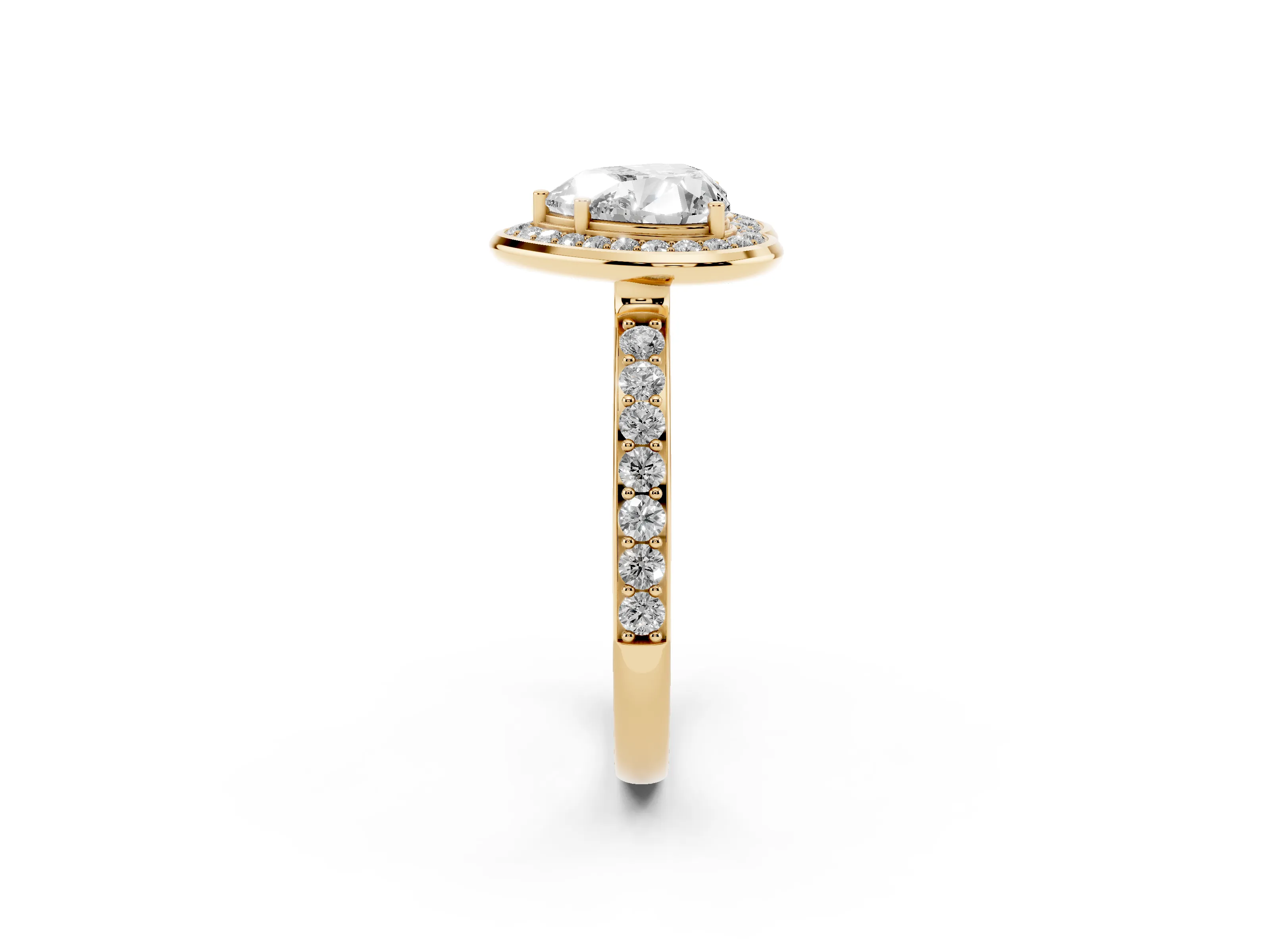 Heart Cut Diamond Halo Ring Set in Yellow gold with Bezel Frame and Pavé Band