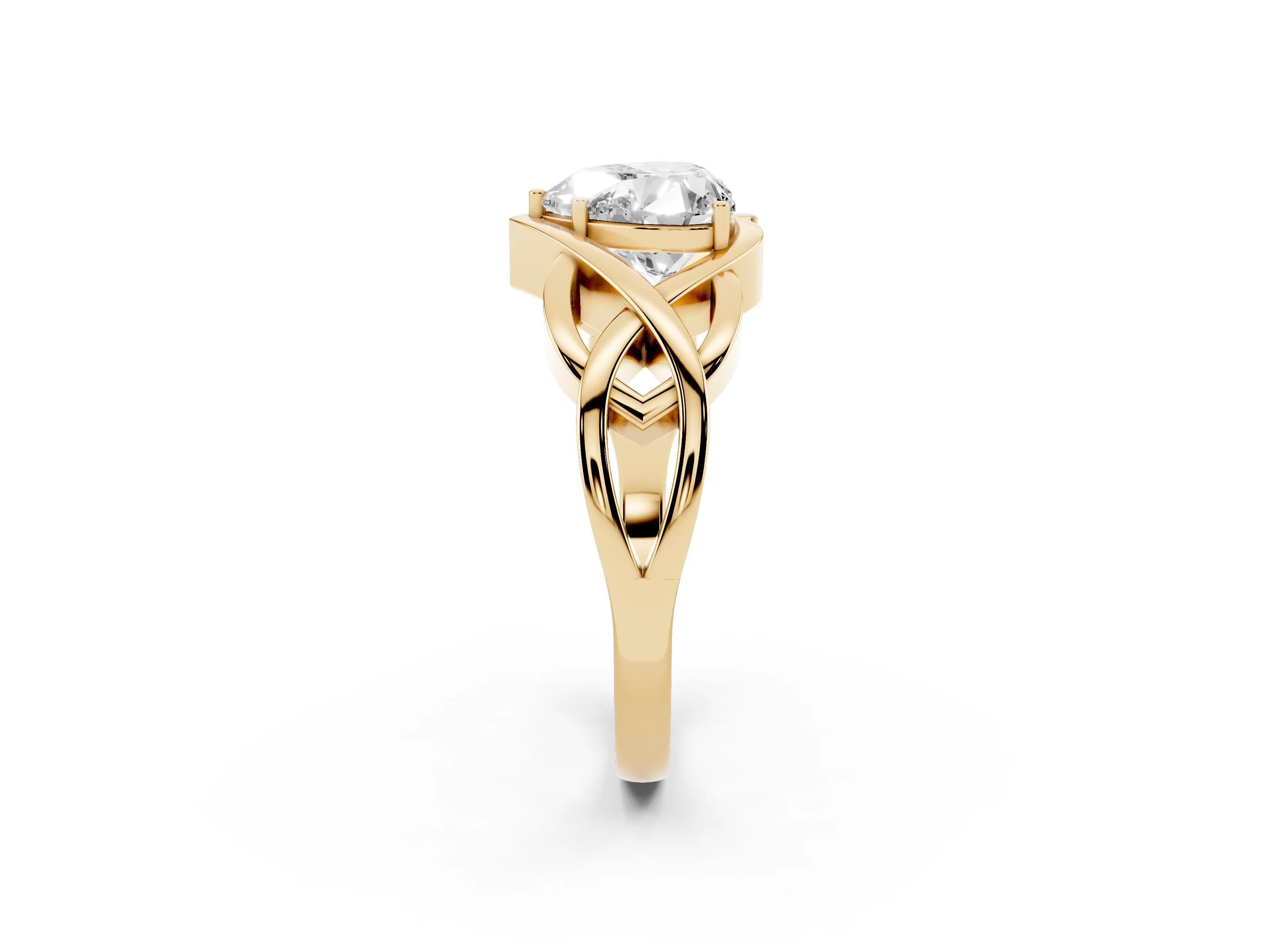 Heart Cut Diamond Solitaire Ring Set in Yellow gold with Intertwined Band