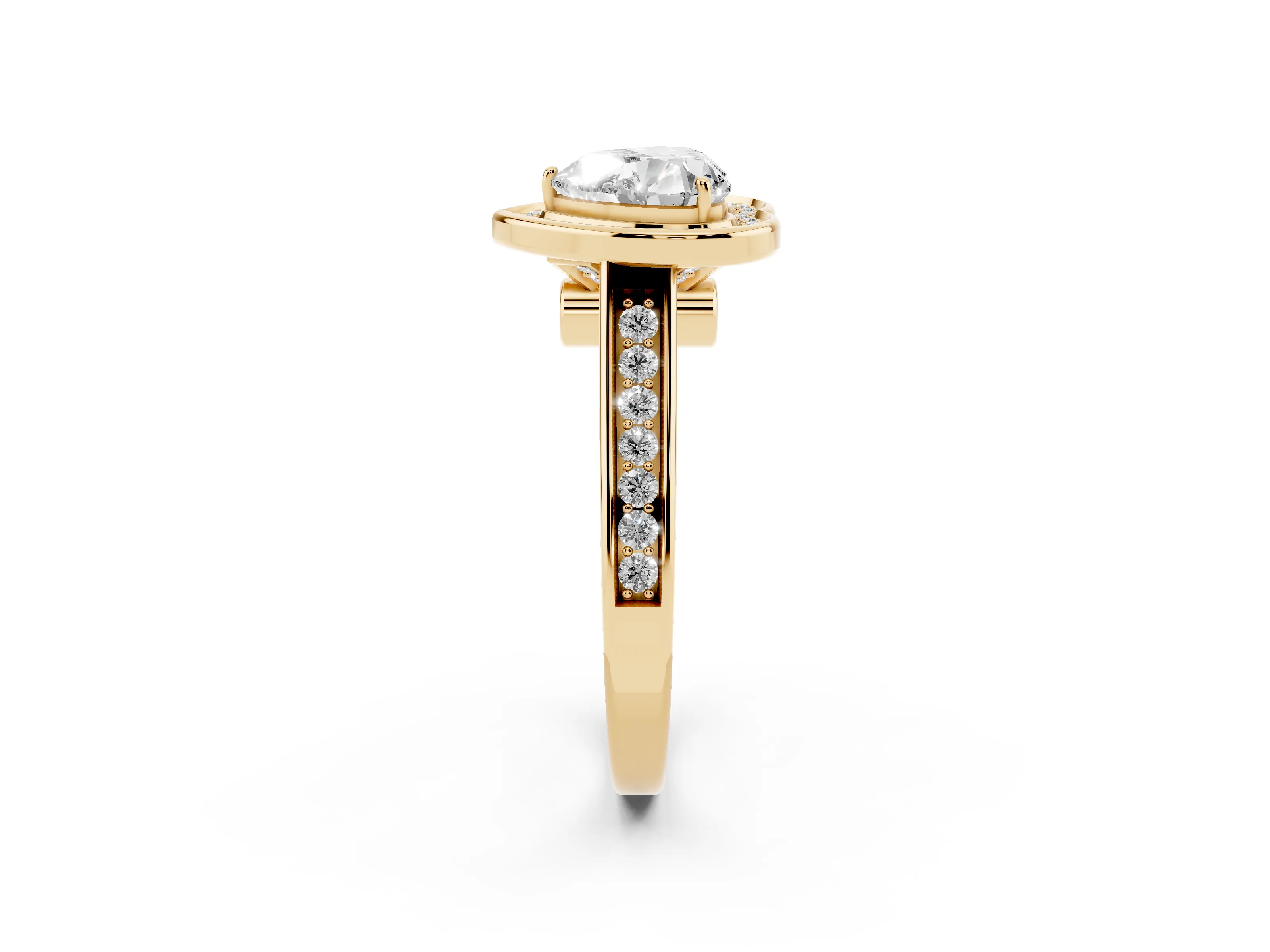 Heart Cut Diamond Halo Solitaire Ring Set in Yellow gold with Pavé Band and Bezel Setting