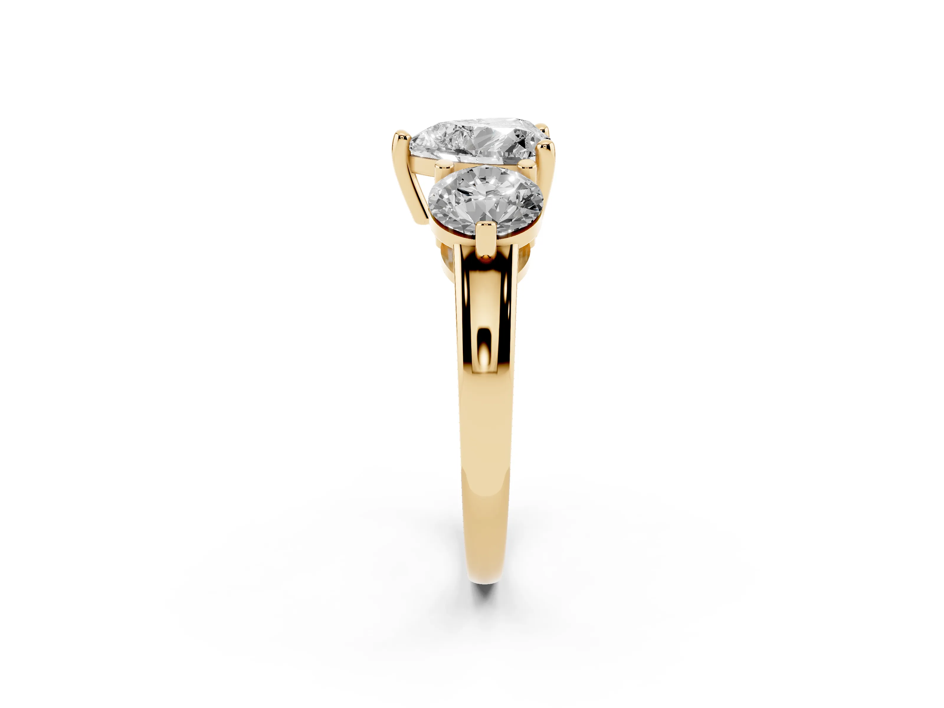 Heart Cut Diamond Three-Stone Ring Set in Yellow gold with Prong Setting and Classic Band