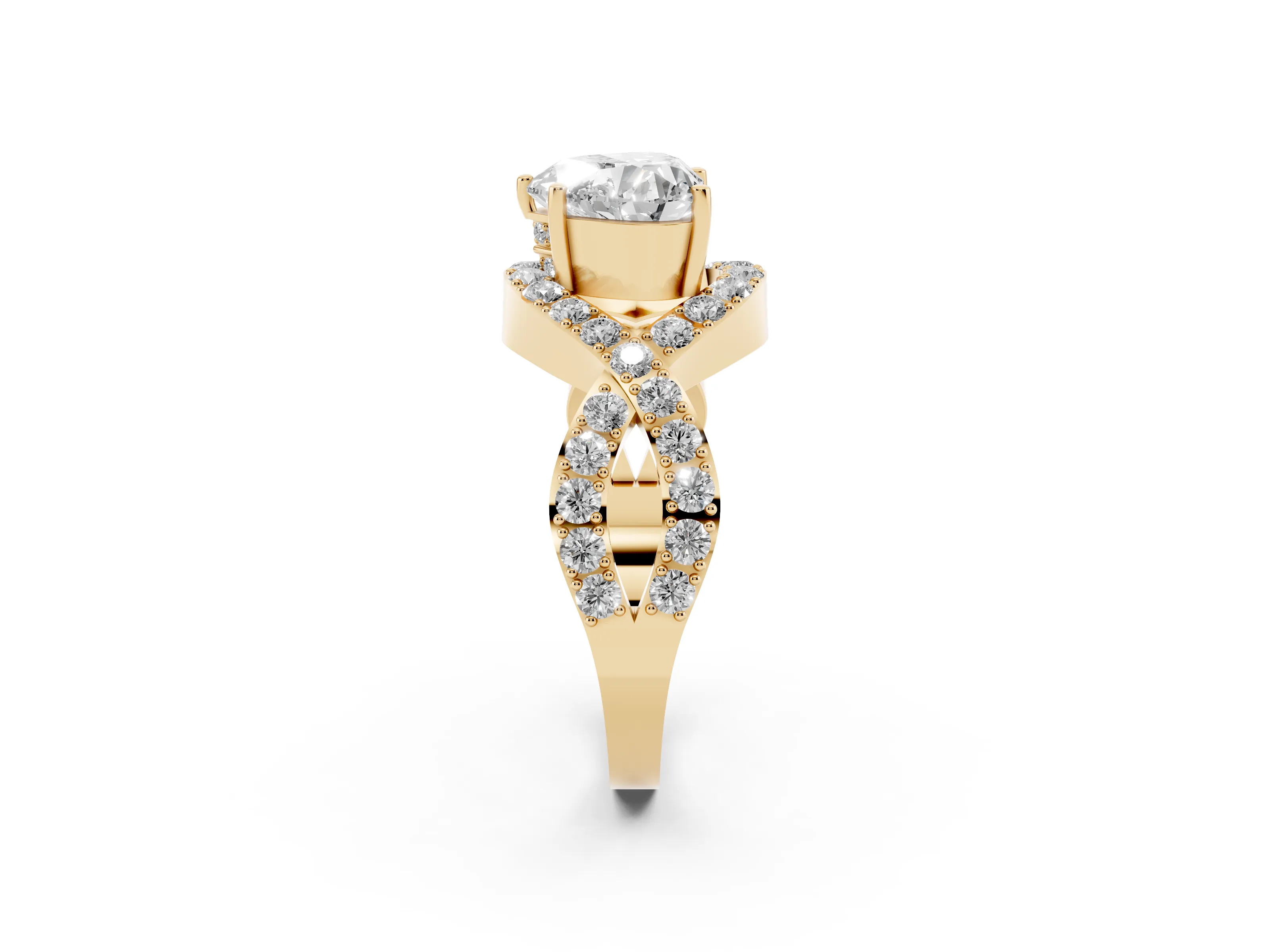 Heart Cut Diamond Solitaire Twist Band Pavé Engagement Ring Set in Yellow gold