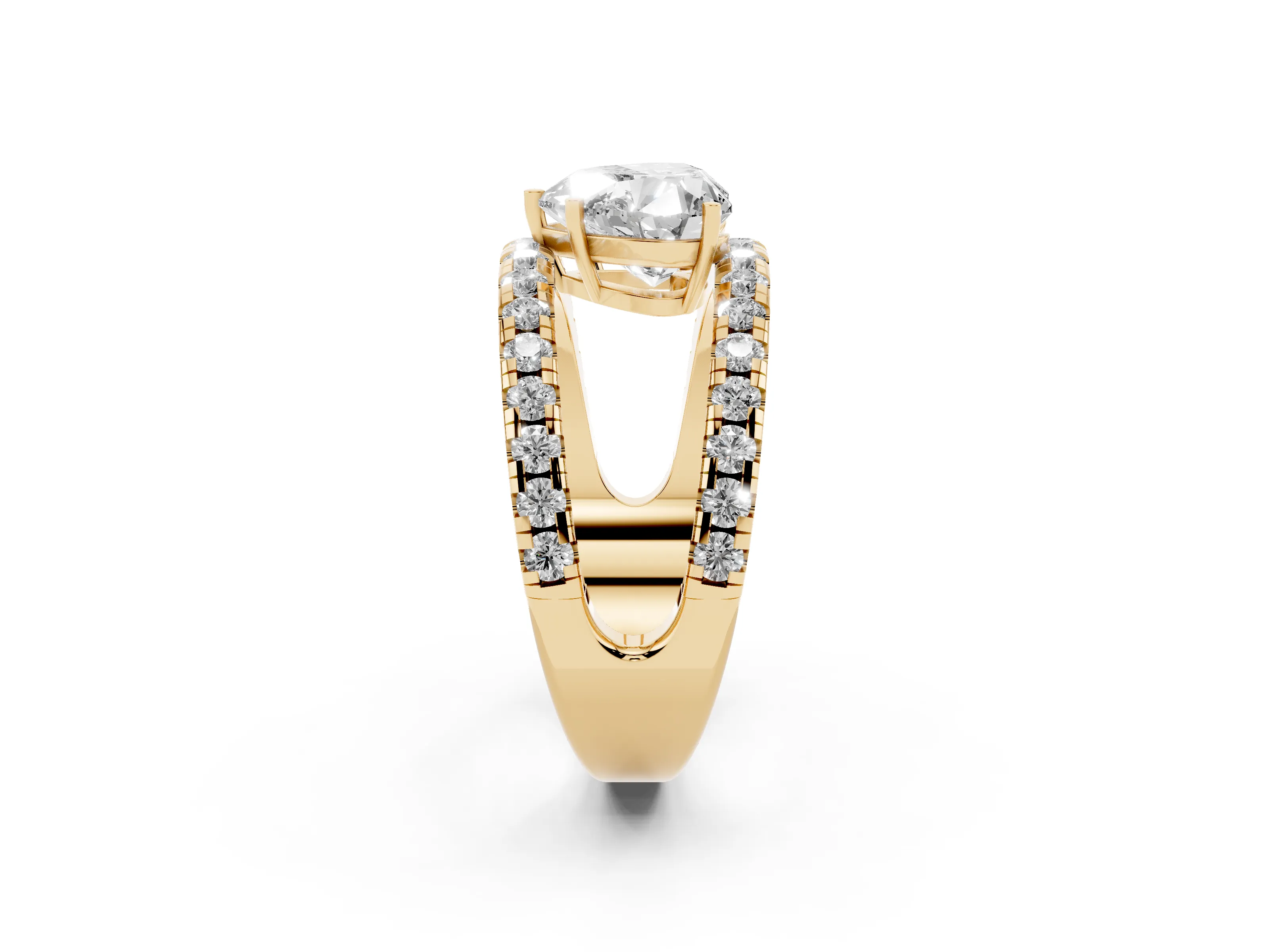 Heart Cut Diamond Split Shank Pavé Solitaire Ring Set in Yellow gold with Open Shank Design
