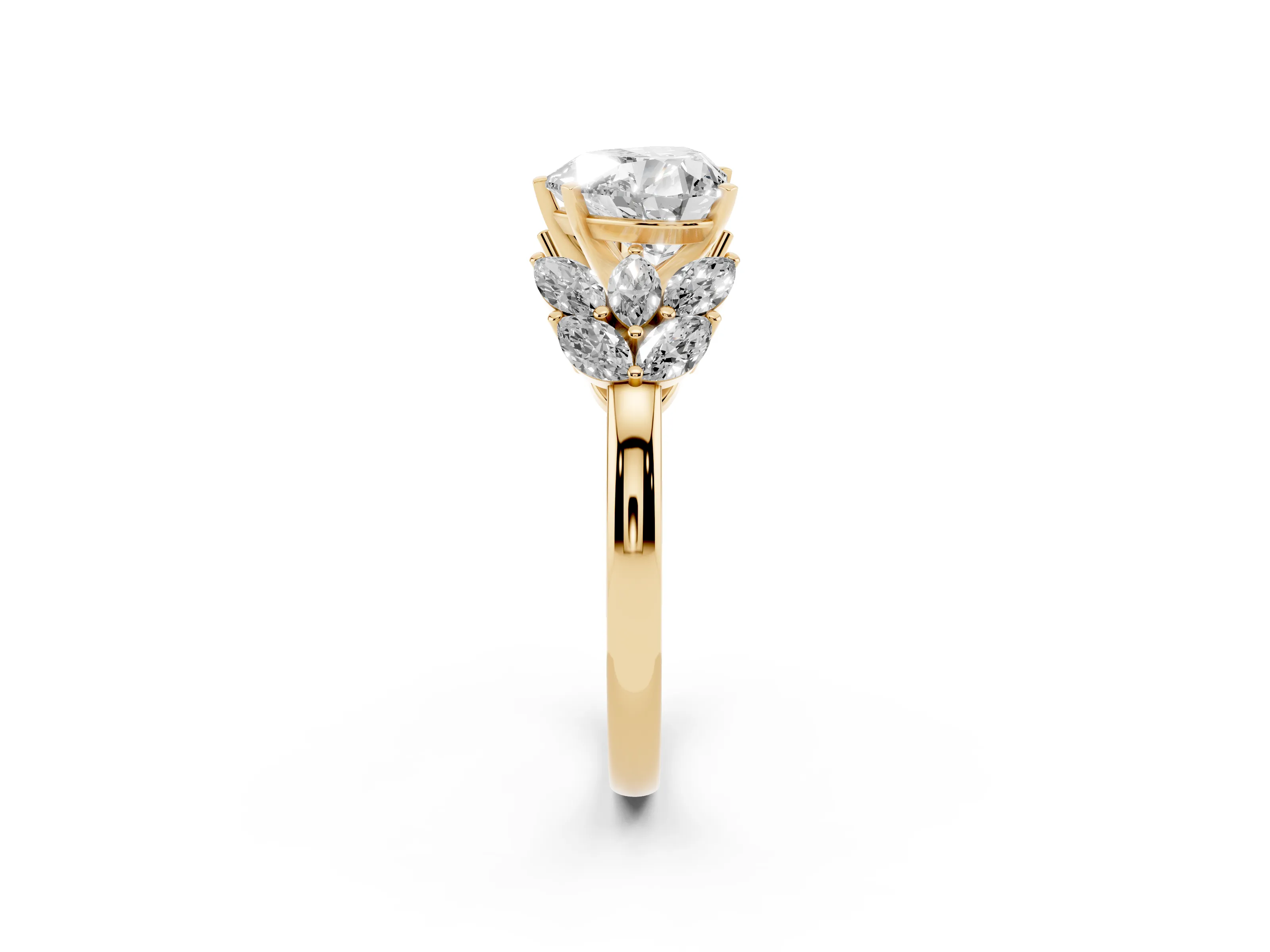 Heart Cut Diamond Cluster Leaf Design Ring Set in Yellow gold with Prong Setting