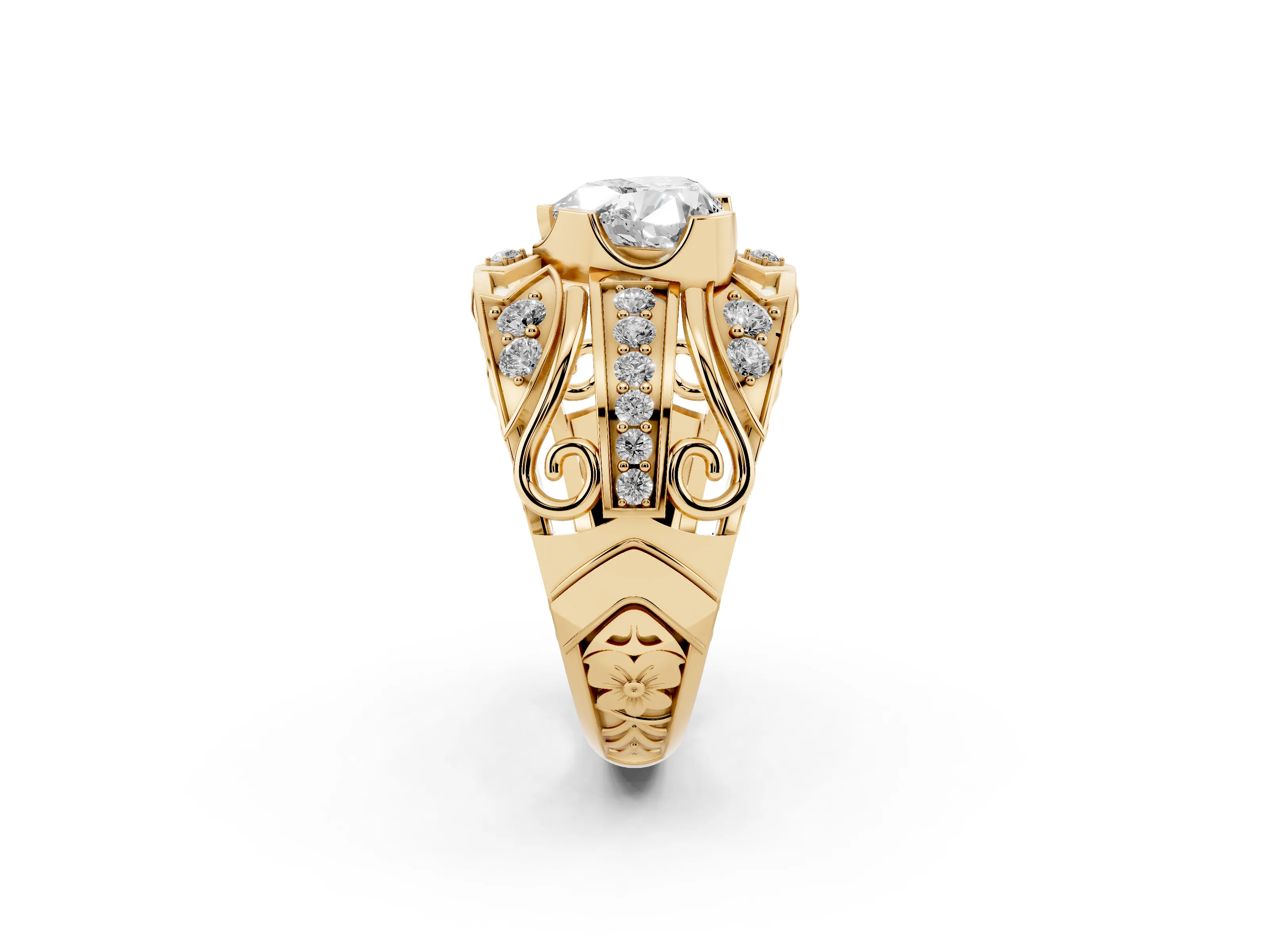Heart Cut Diamond Art Deco Ring Set in Yellow gold with Pavé Split Shank