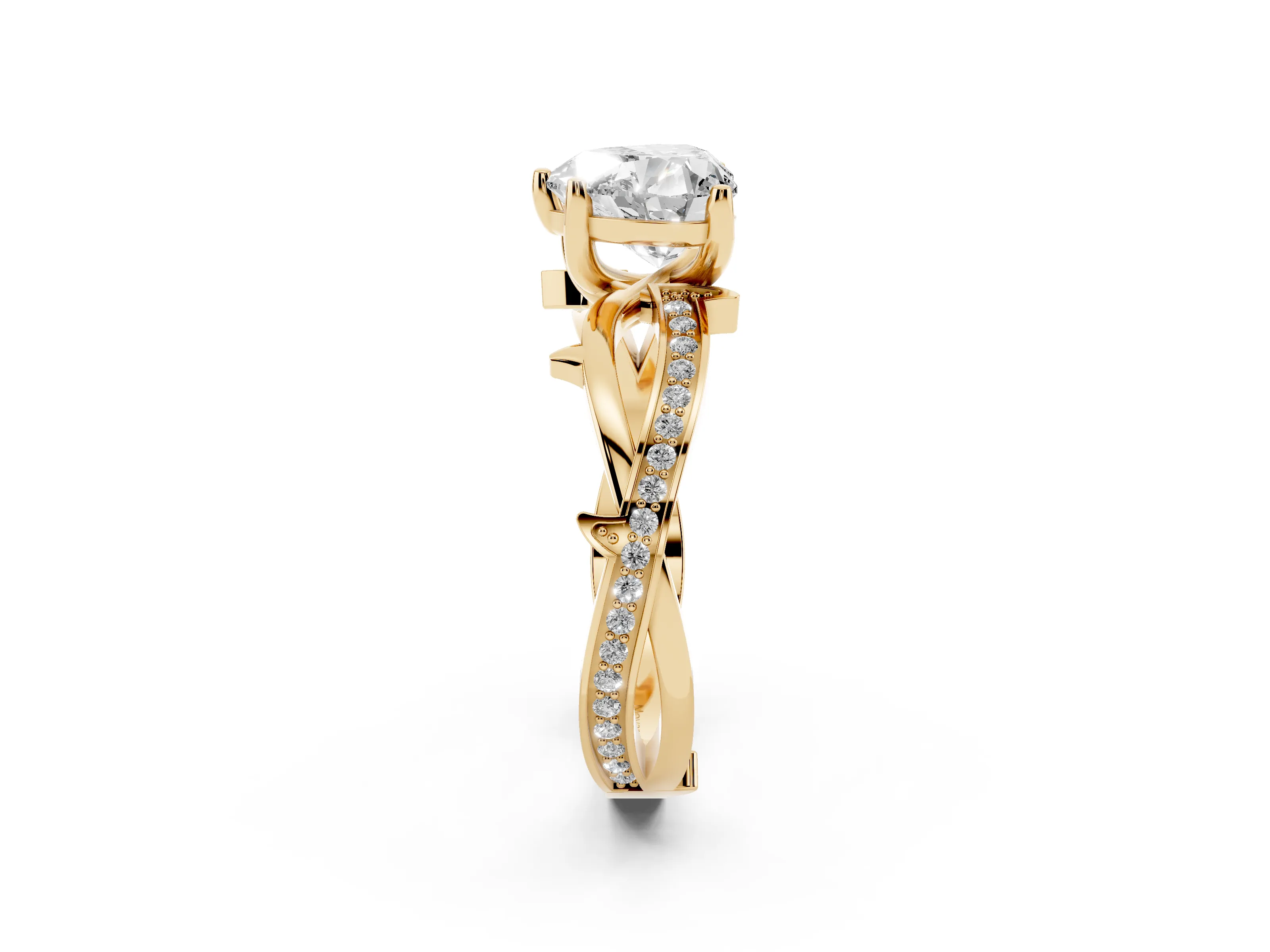 Heart Cut Diamond Pavé Twist Band Solitaire Ring Set in Yellow gold with Prong Setting