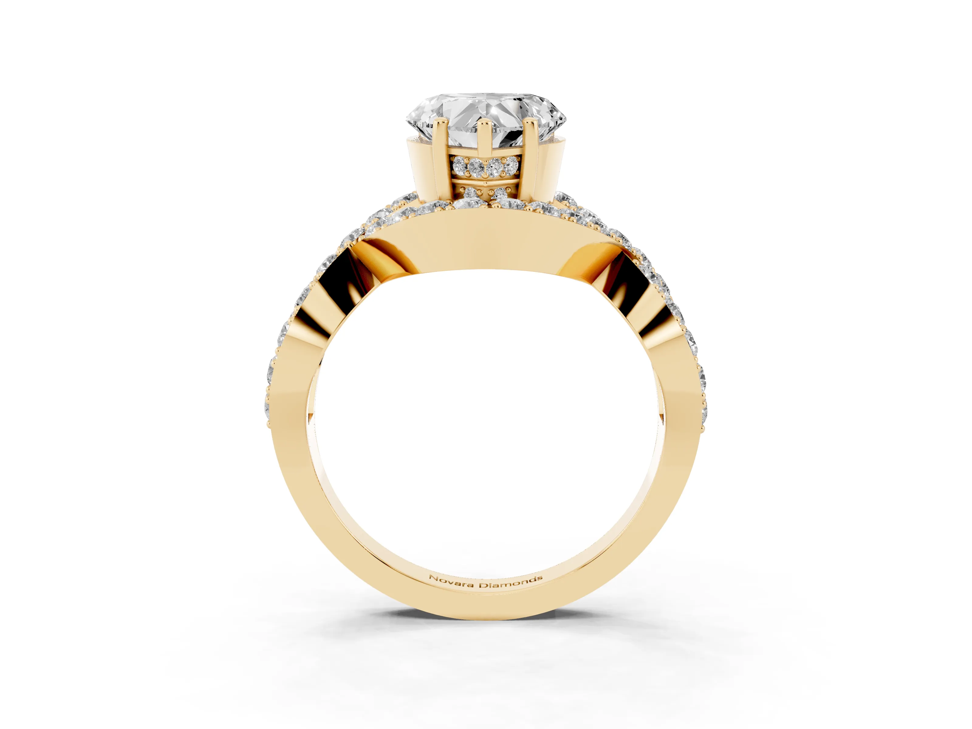 Heart Cut Diamond Solitaire Twist Band Pavé Engagement Ring Set in Yellow gold