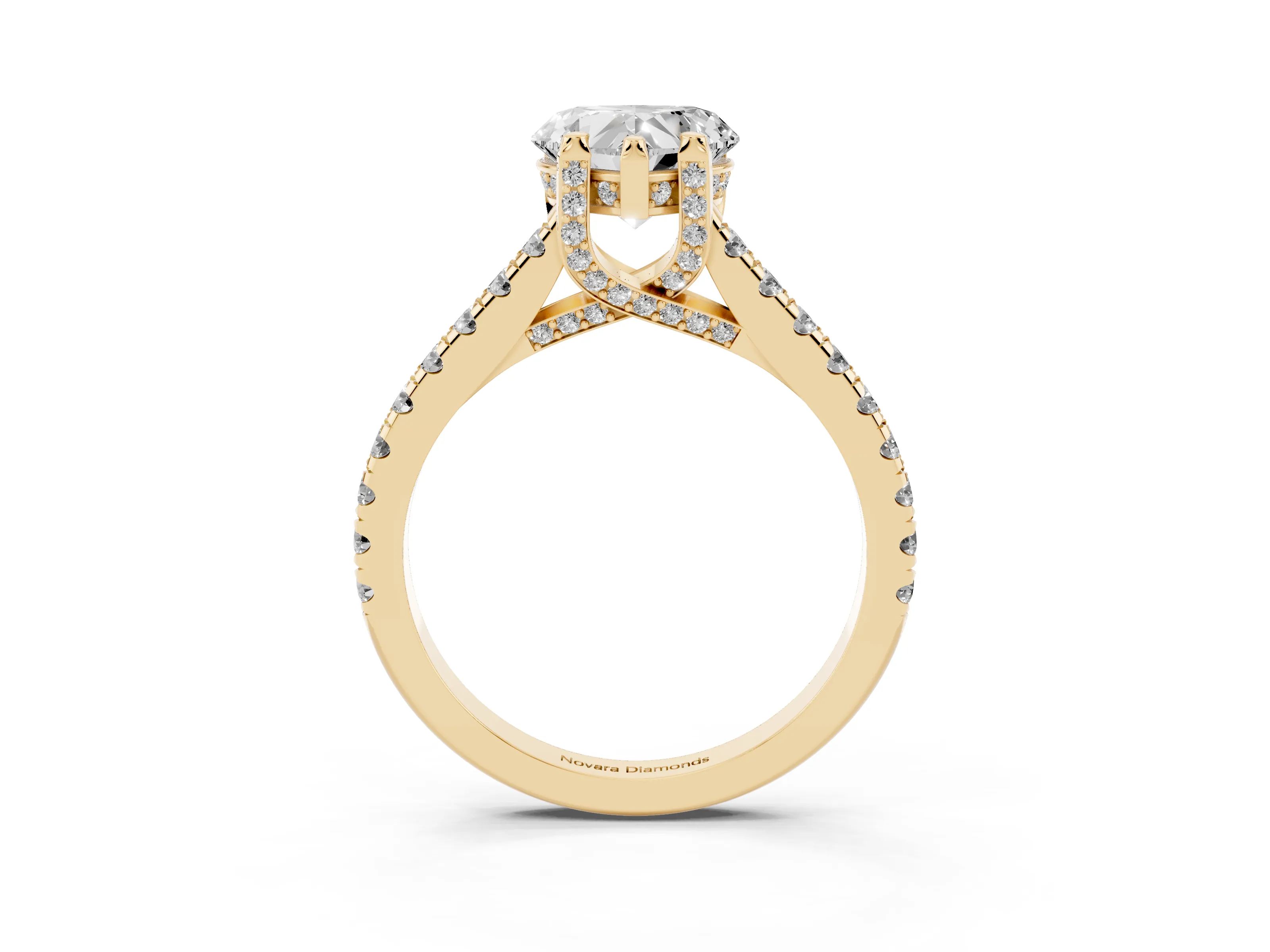 Heart Cut Diamond Solitaire Ring Set in Yellow gold with Brilliant Pavé Band and Prong Setting