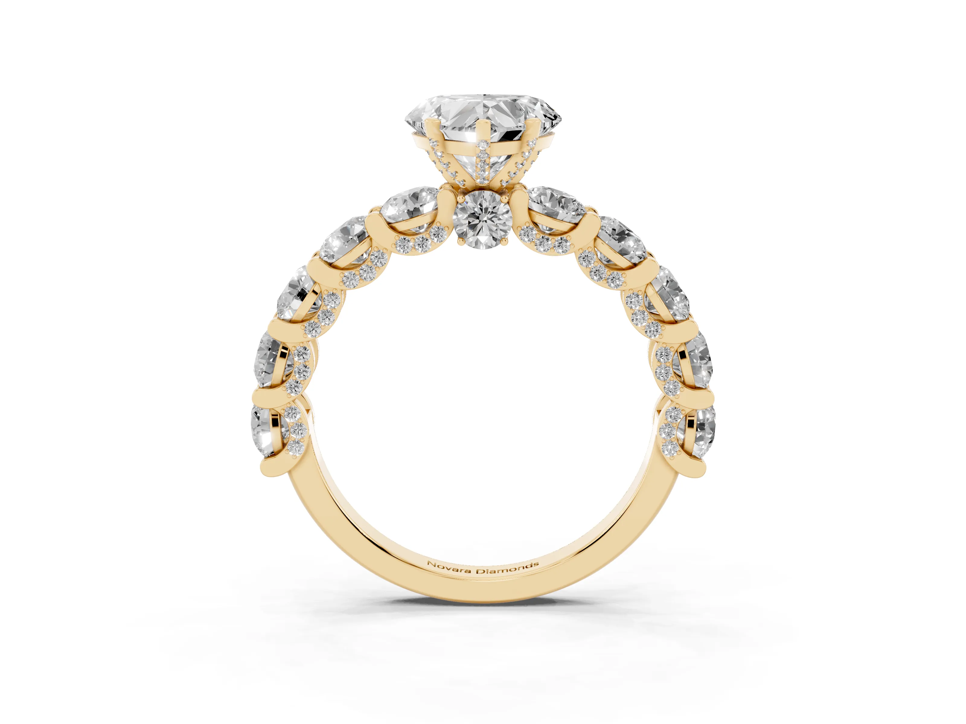 Heart Cut Diamond Side Stone Ring Set in Yellow gold with Alternating Round and Oval Side Stones