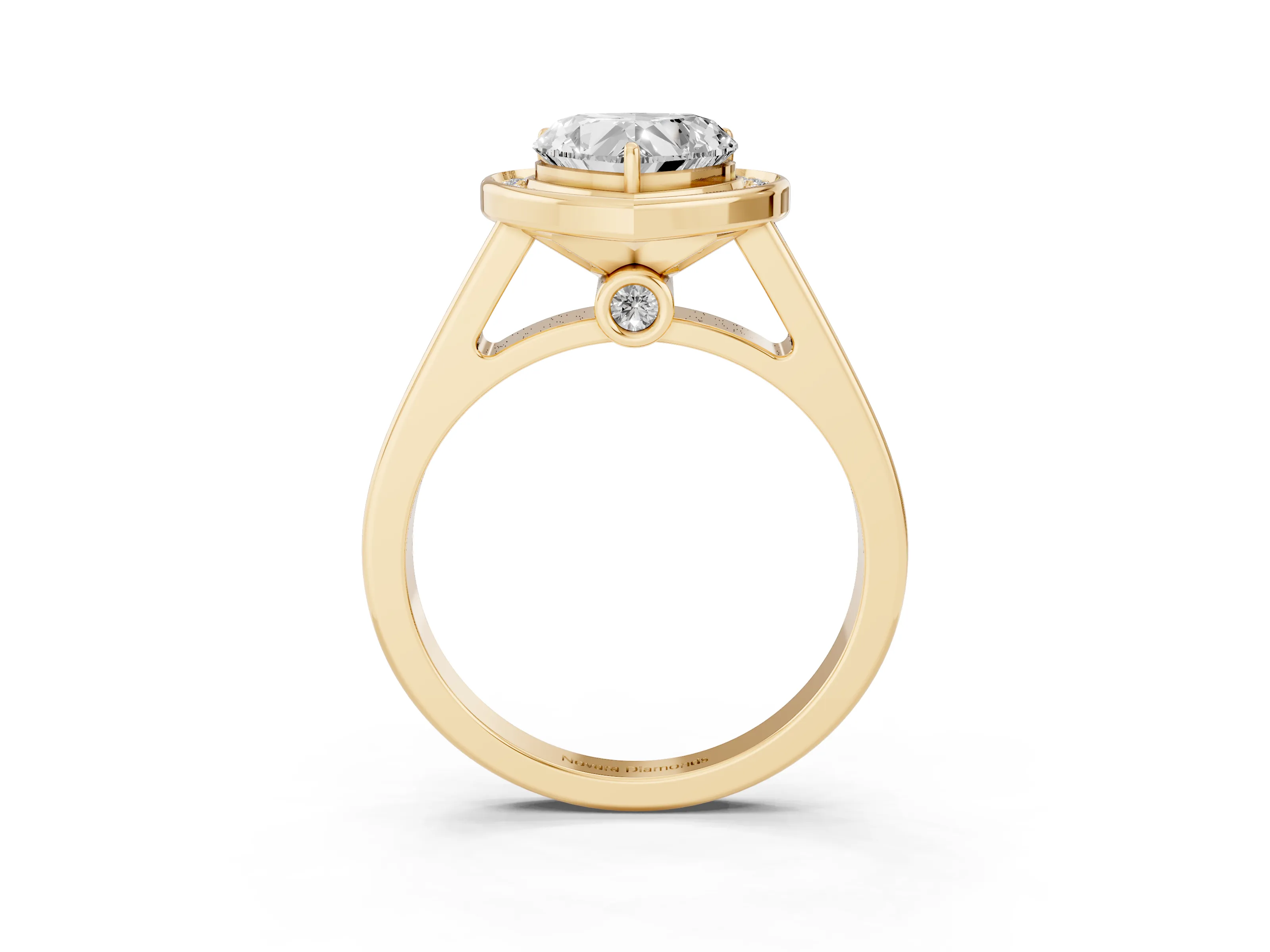 Heart Cut Diamond Halo Solitaire Ring Set in Yellow gold with Pavé Band and Bezel Setting