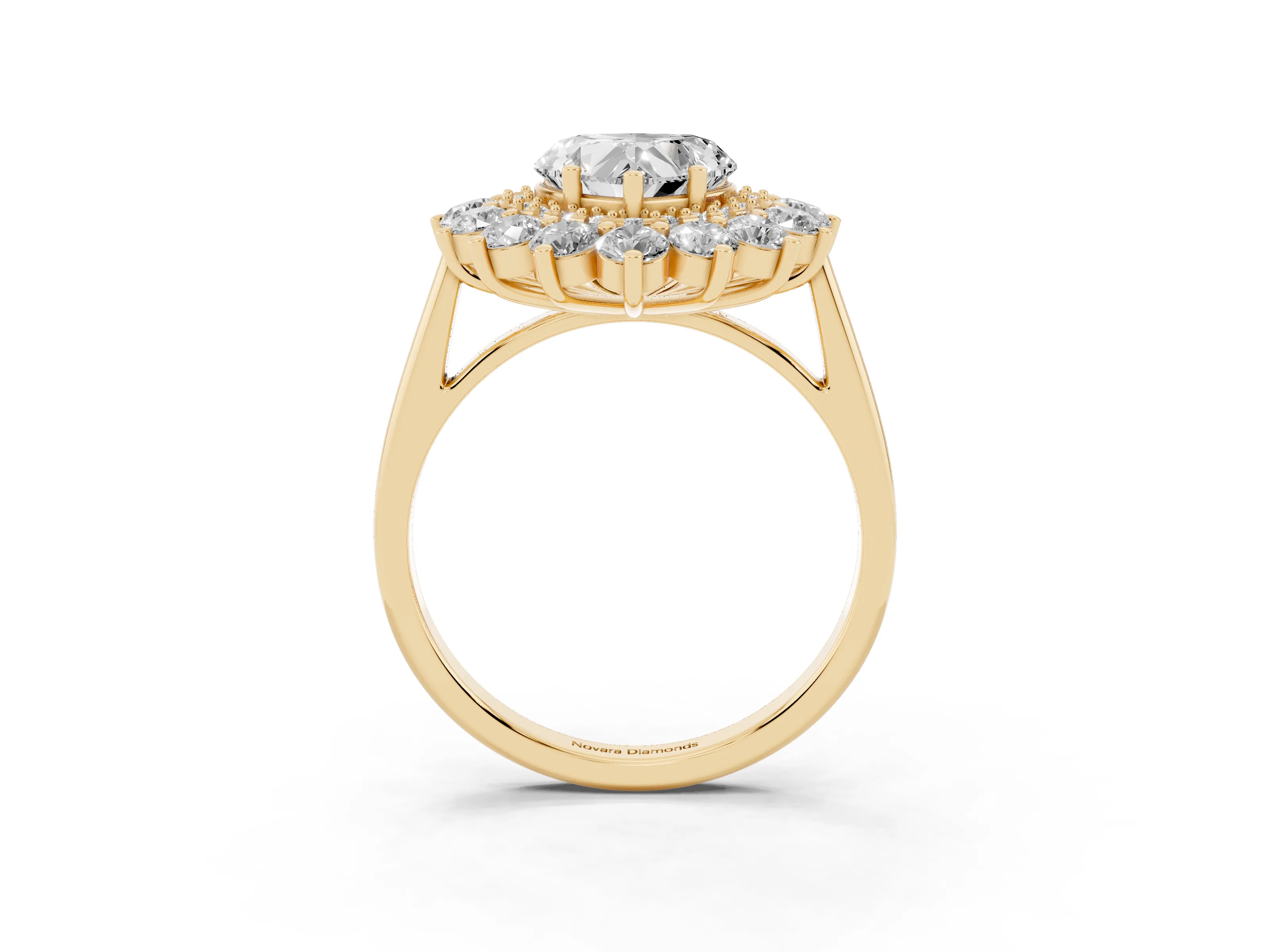 Heart Cut Diamond Floral Double Halo Ring Set in Yellow gold with Round Petals