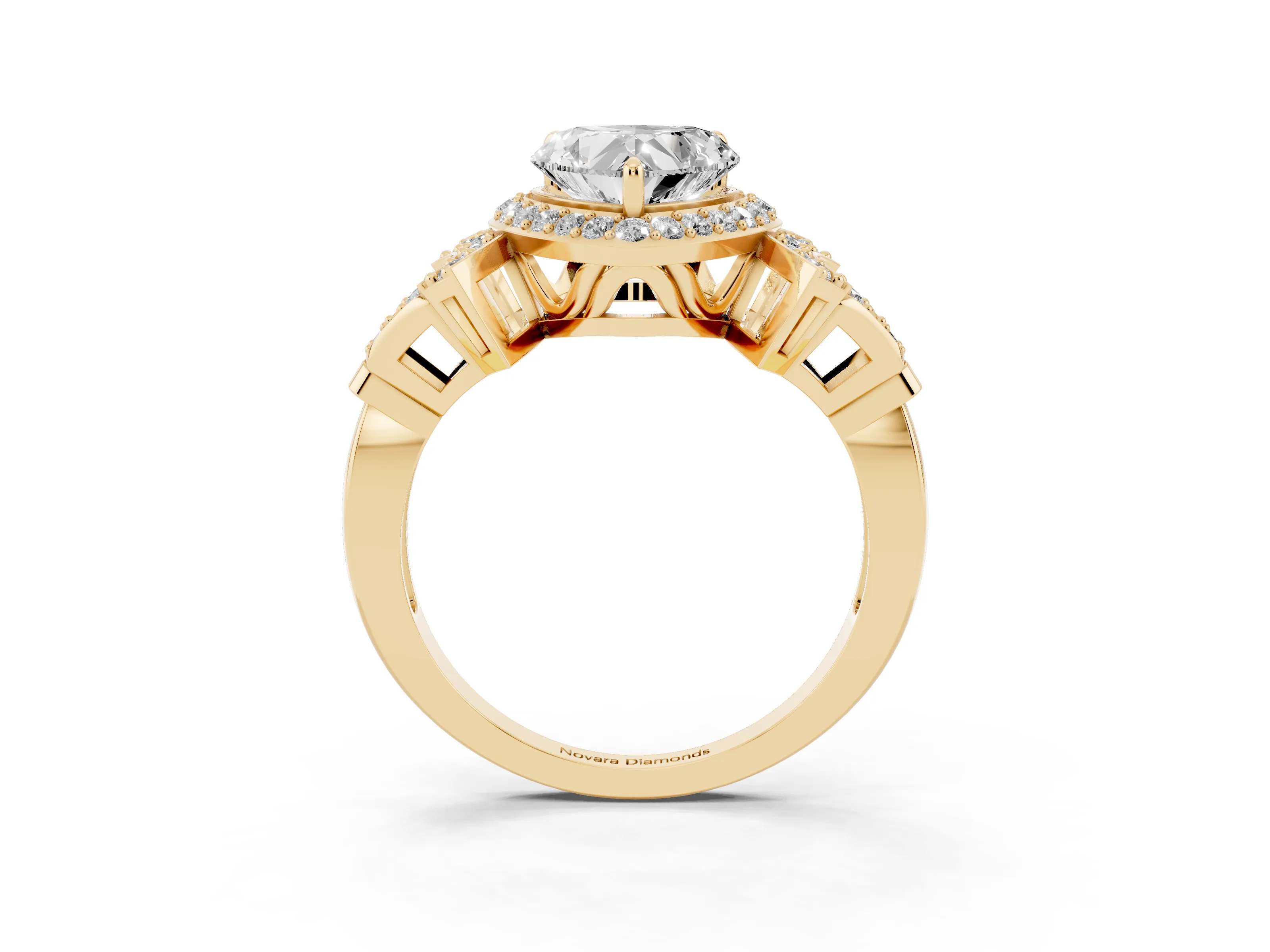 Heart Cut Diamond Halo Engagement Ring Set in Yellow gold with Accent Stone Split Shank