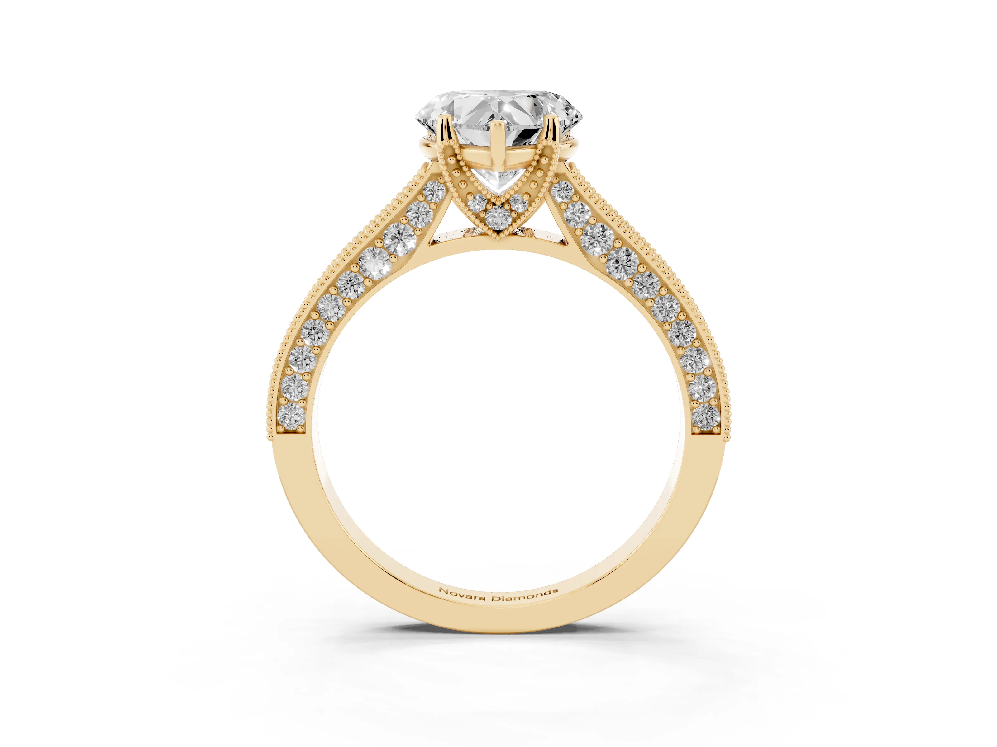 Heart Cut Diamond Solitaire Ring Set in Yellow gold with Milgrain-Edged Pavé Band and Prong Setting