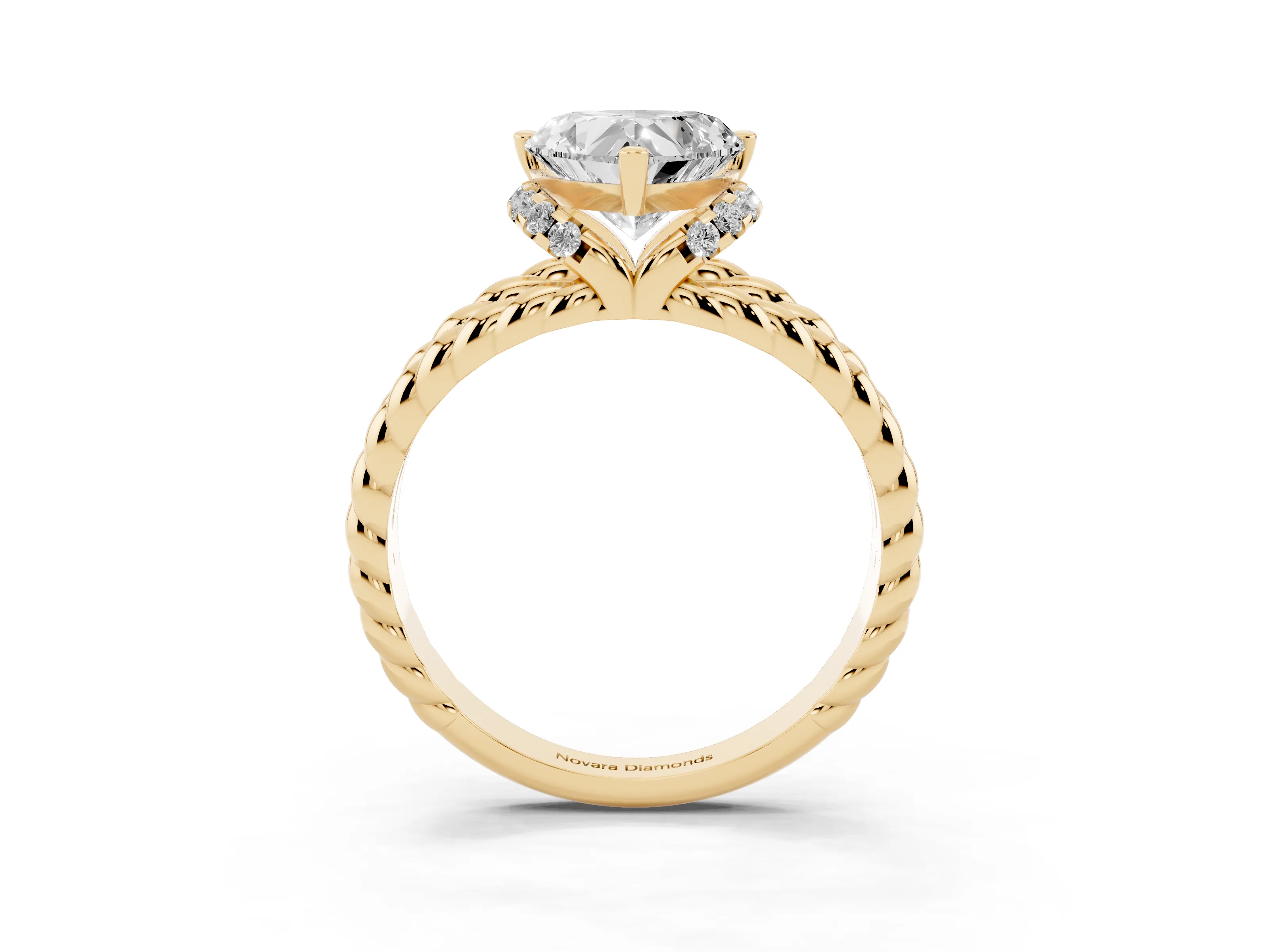 Heart Cut Diamond Halo Ring Set in Yellow gold with Twisted Band and Prong Setting