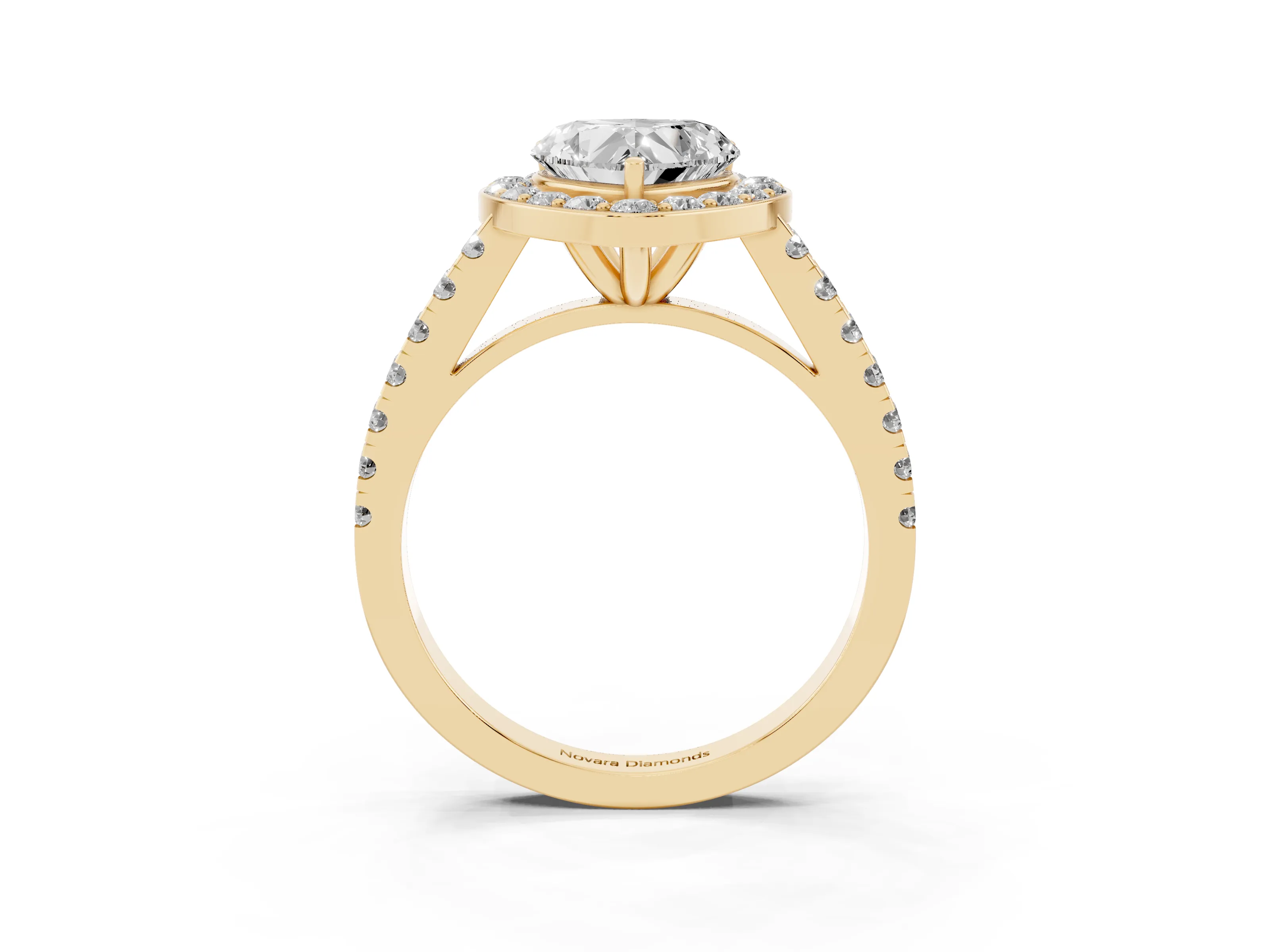 Heart Cut Diamond Halo Ring Set in Yellow gold with Round Pavé Split Shank and Prong Setting
