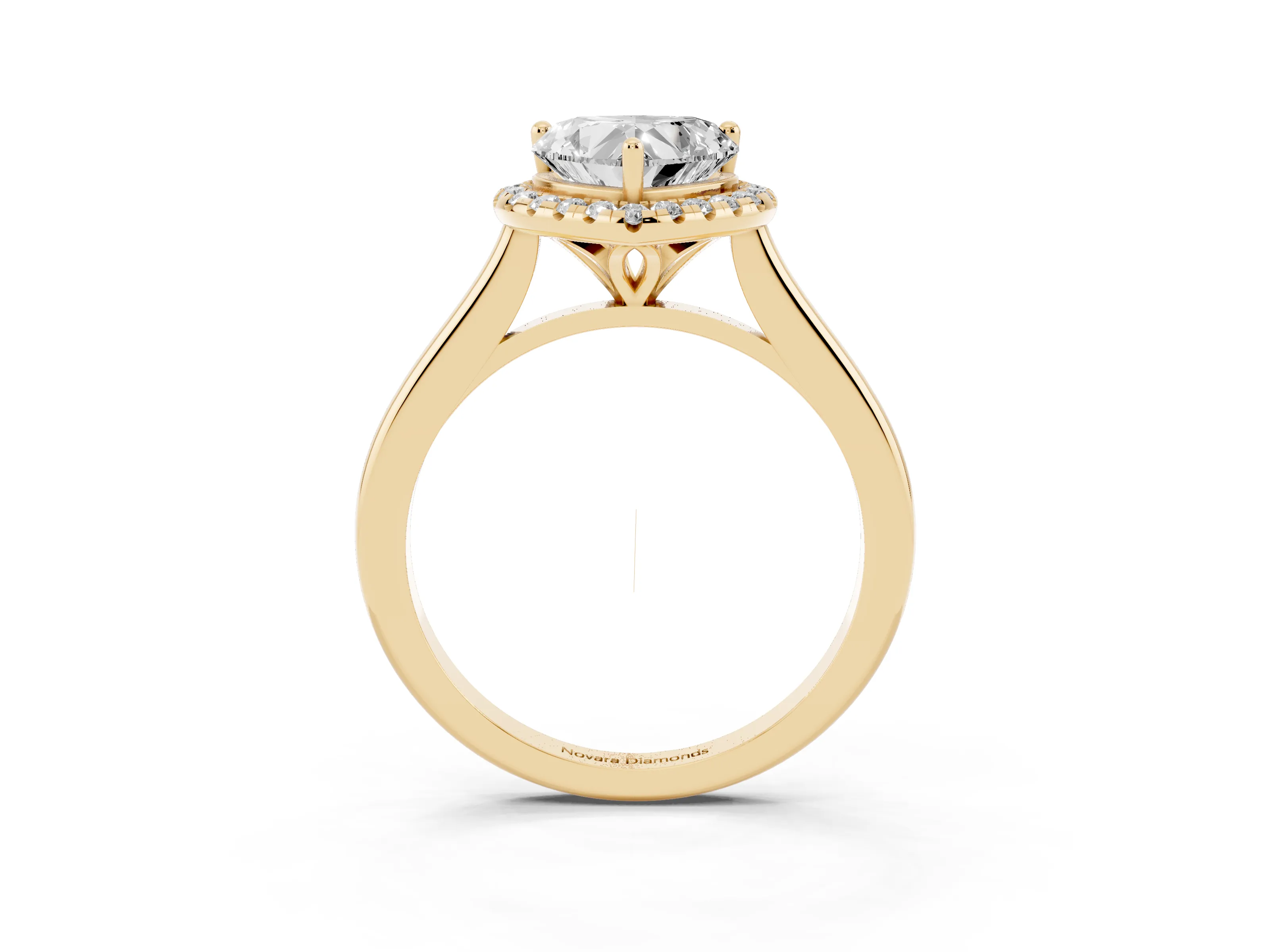 Heart Cut Diamond Halo Engagement Ring Set in Yellow gold with Pavé Band and Rising Shoulders