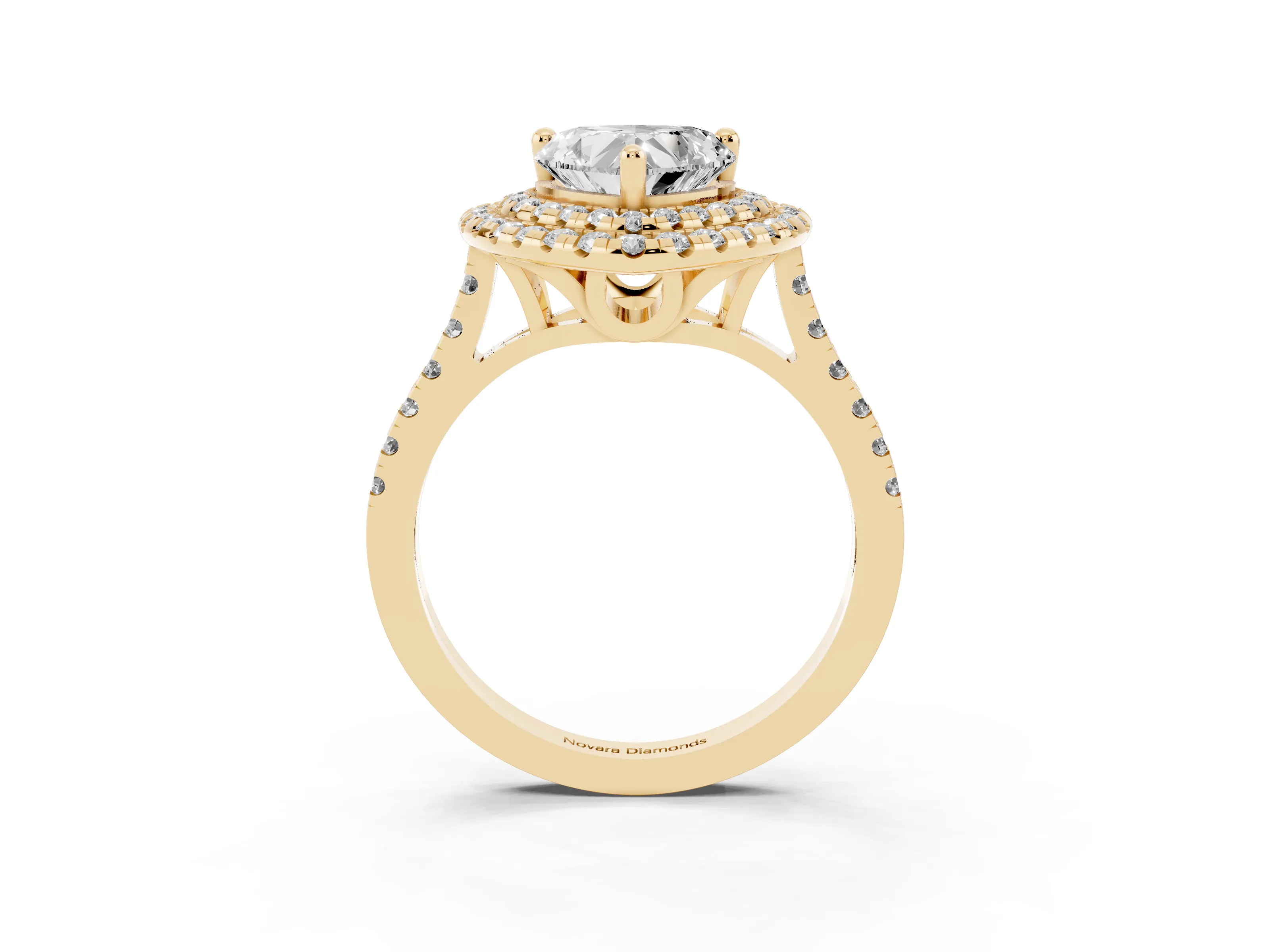 Heart Cut Diamond Double Halo Statement Ring Set in Yellow gold with Pavé Band