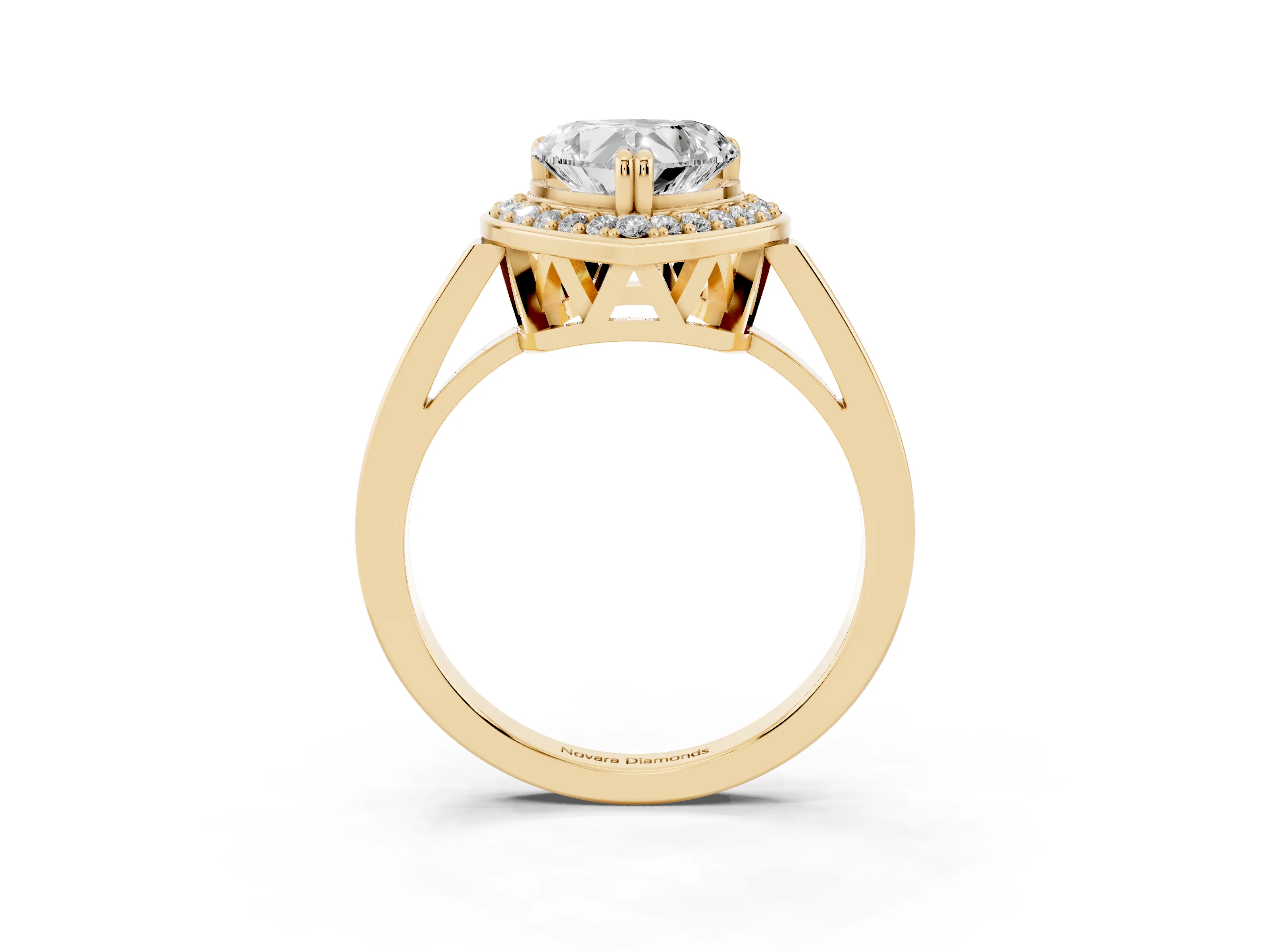 Heart Cut Diamond Halo Ring Set in Yellow gold with Accent-Lined Split Shank and Prong Setting