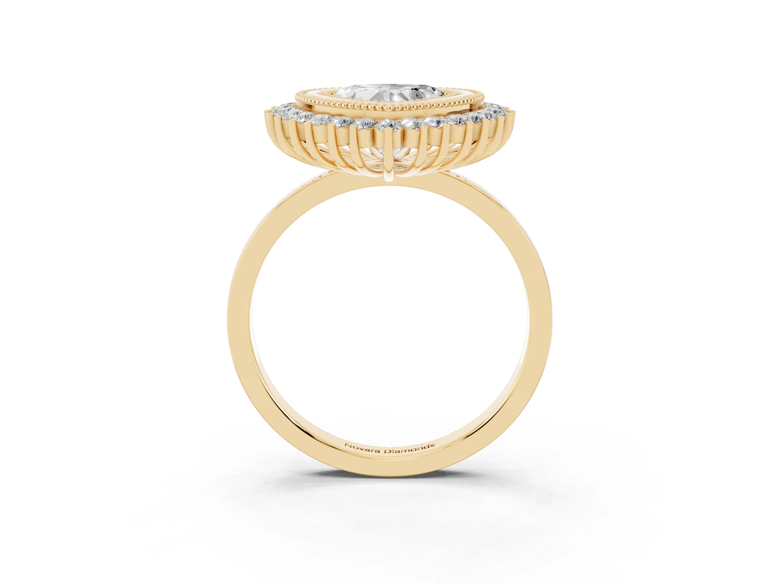 Heart Cut Diamond Halo Ring Set in Yellow gold with Milgrain Edge and Round Prong Setting