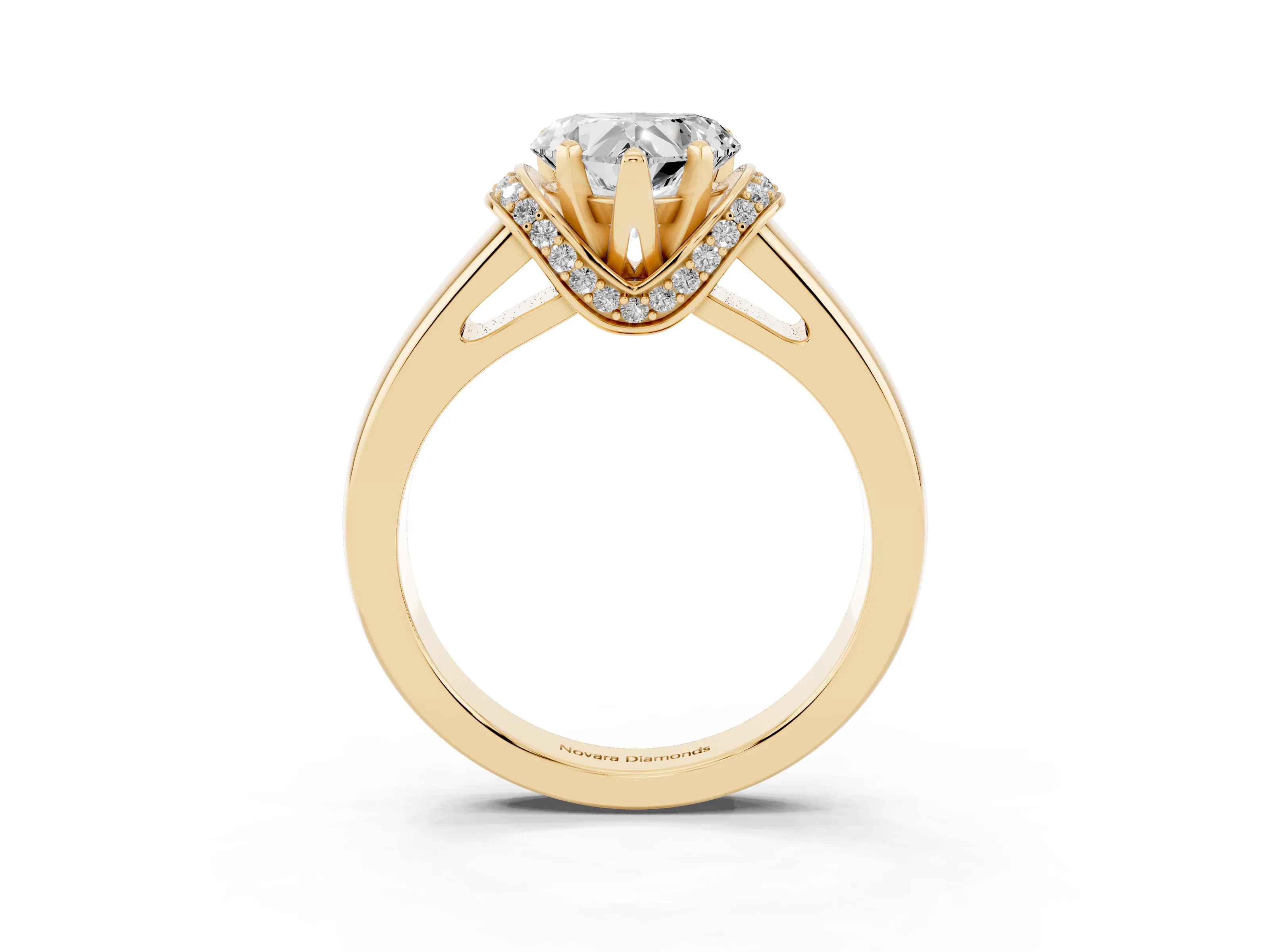 Heart Cut Diamond Pavé Band Solitaire Ring Set in Yellow gold with Prong Setting