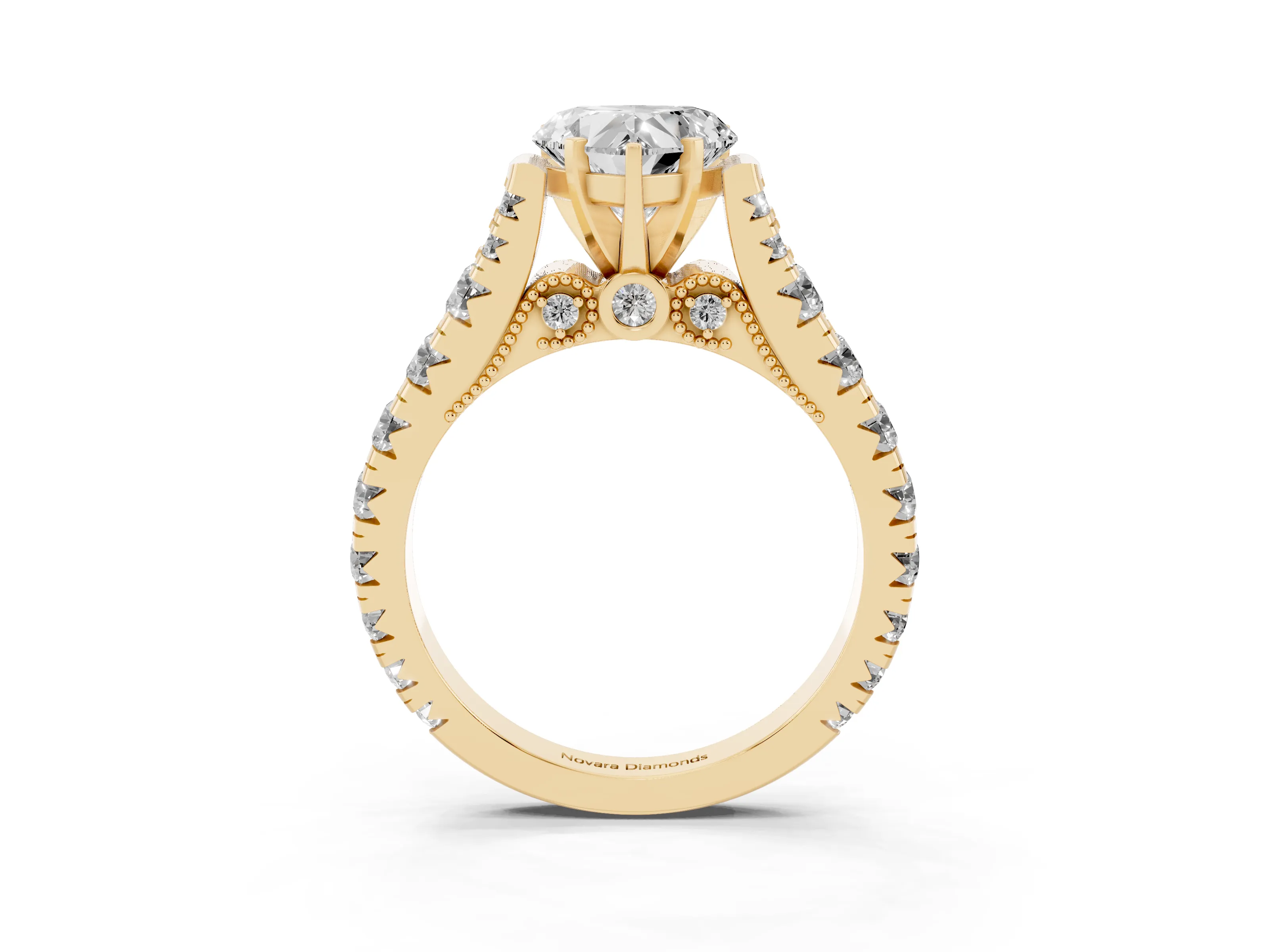 Heart Cut Diamond Classic Solitaire Ring Set in Yellow gold with Pavé Band and Prong Setting