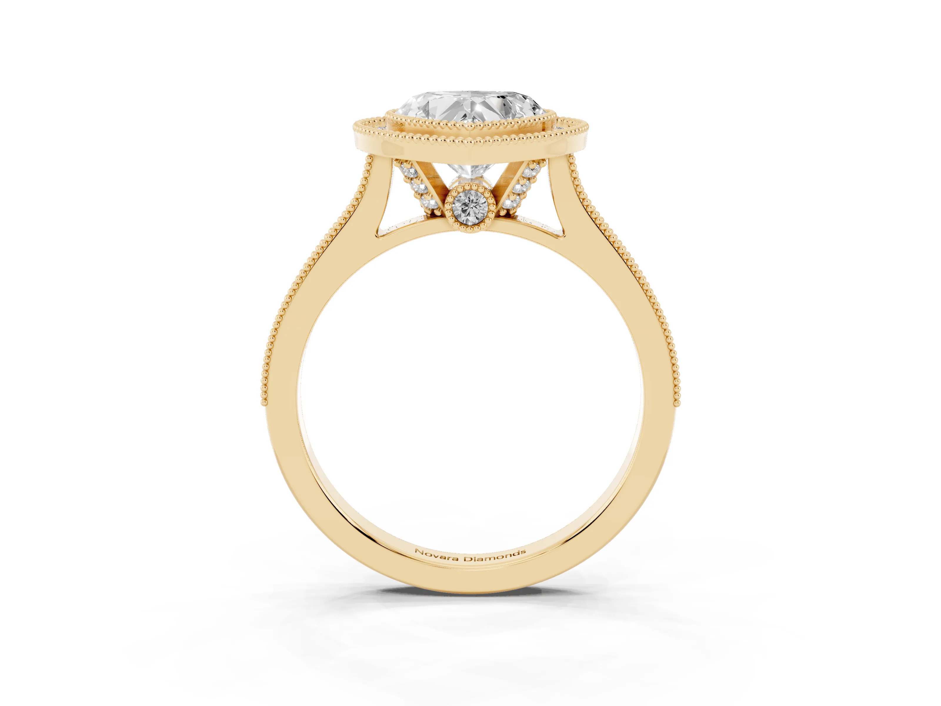 Heart Cut Diamond Halo Milgrain Pavé Band Ring Set in Yellow gold with Prong Setting