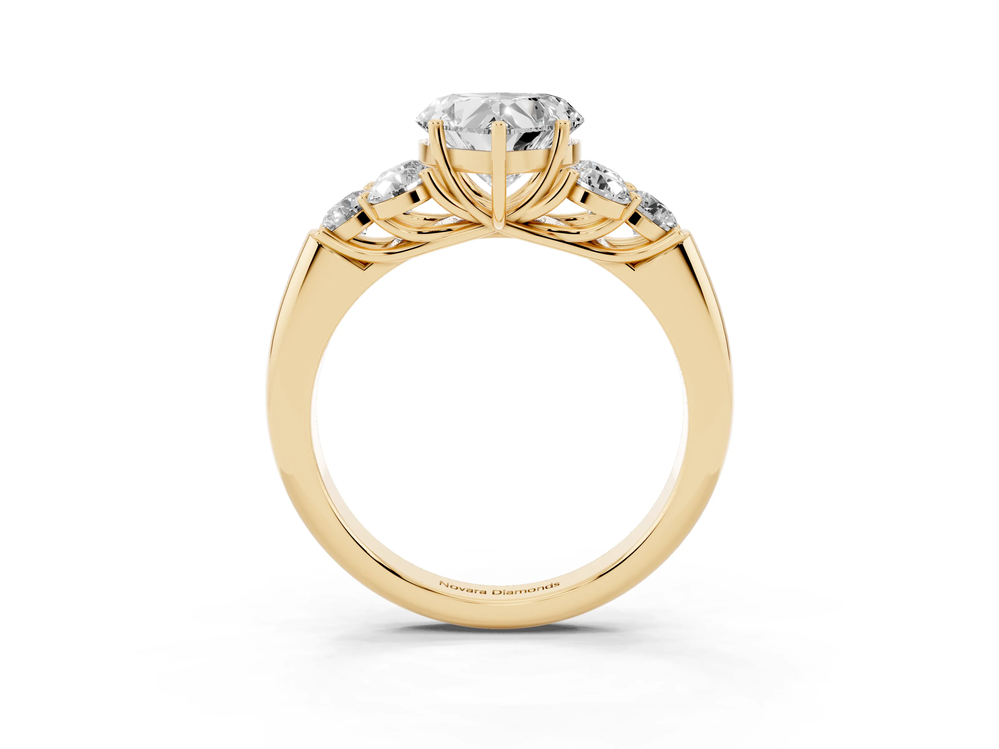 Heart Cut Diamond Cluster Ring Set in Yellow gold with Round Accent Stones and Prong Setting on a Plain Band