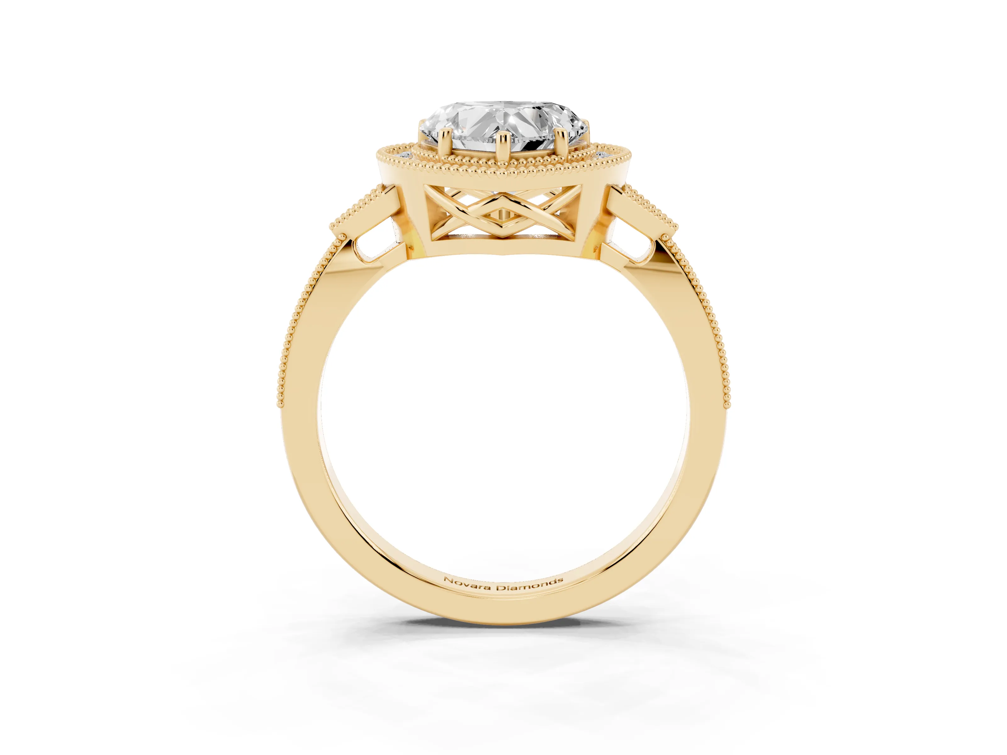 Heart Cut Diamond Halo Engagement Ring Set in Yellow gold with Milgrain Pavé Band