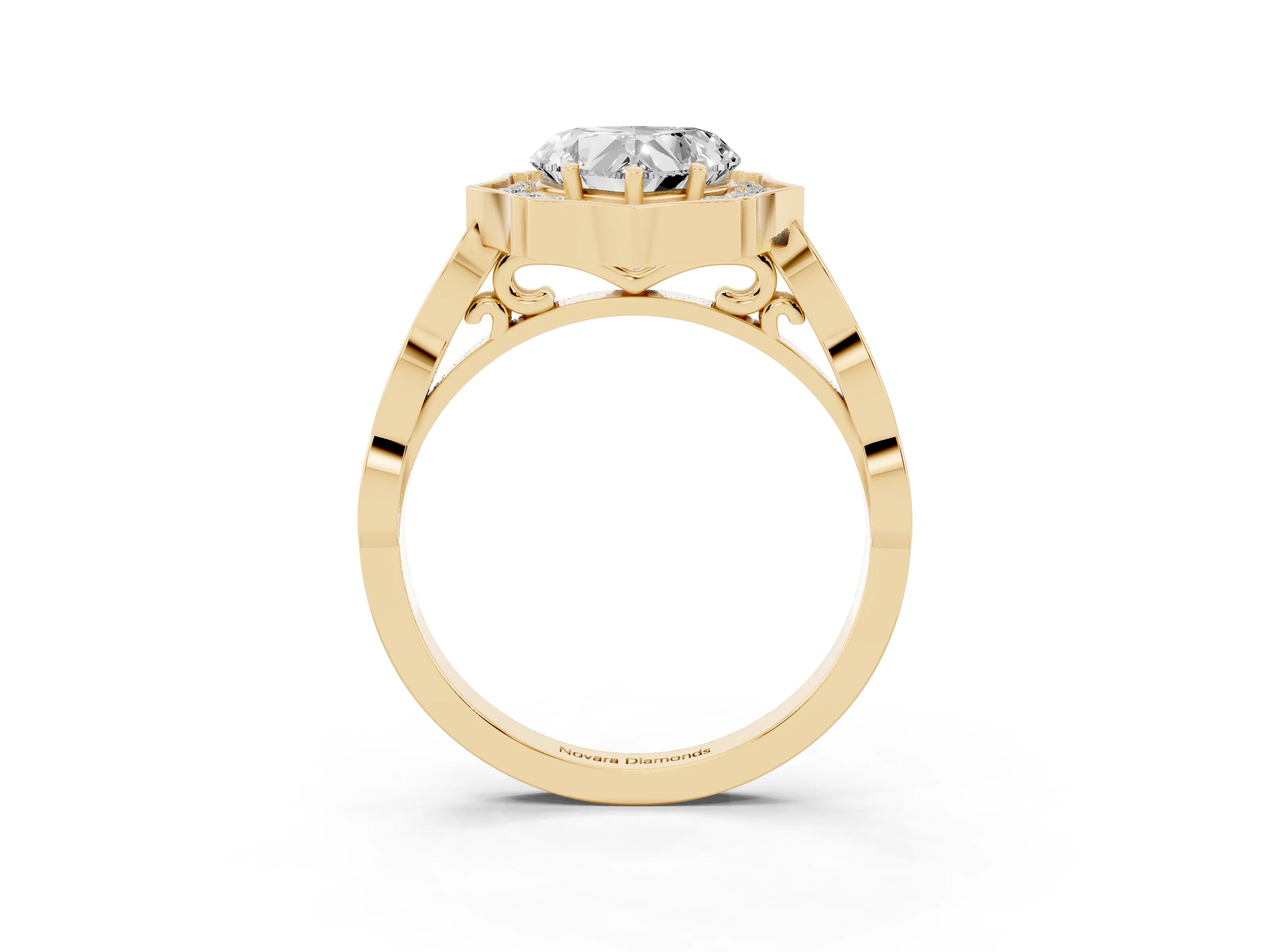 Heart Cut Diamond Halo Engagement Ring Set in Yellow gold with Milgrain Band and Prong Setting