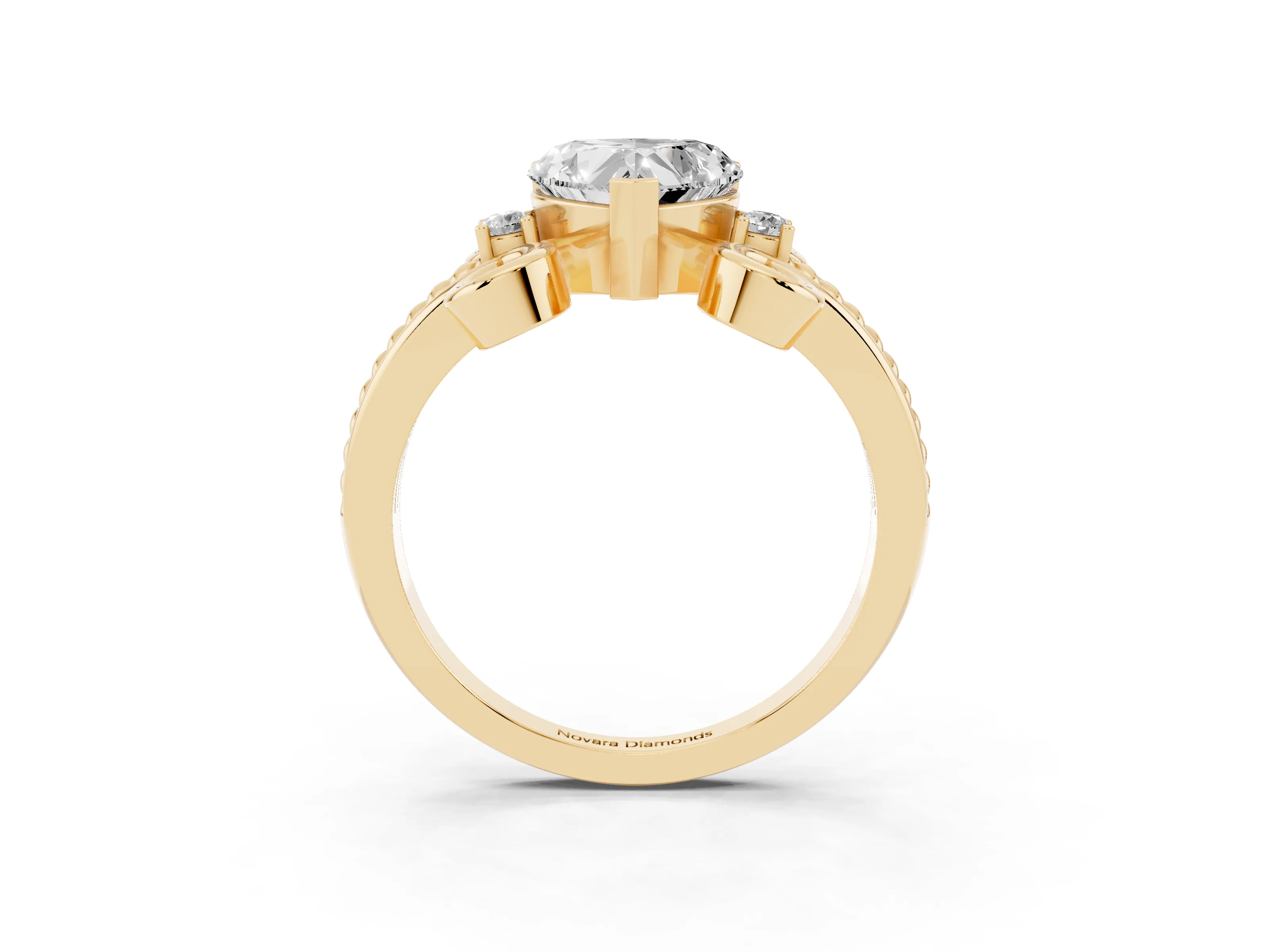 Heart Cut Diamond Twisted Band Solitaire Ring Set in Yellow gold with Scroll Prongs