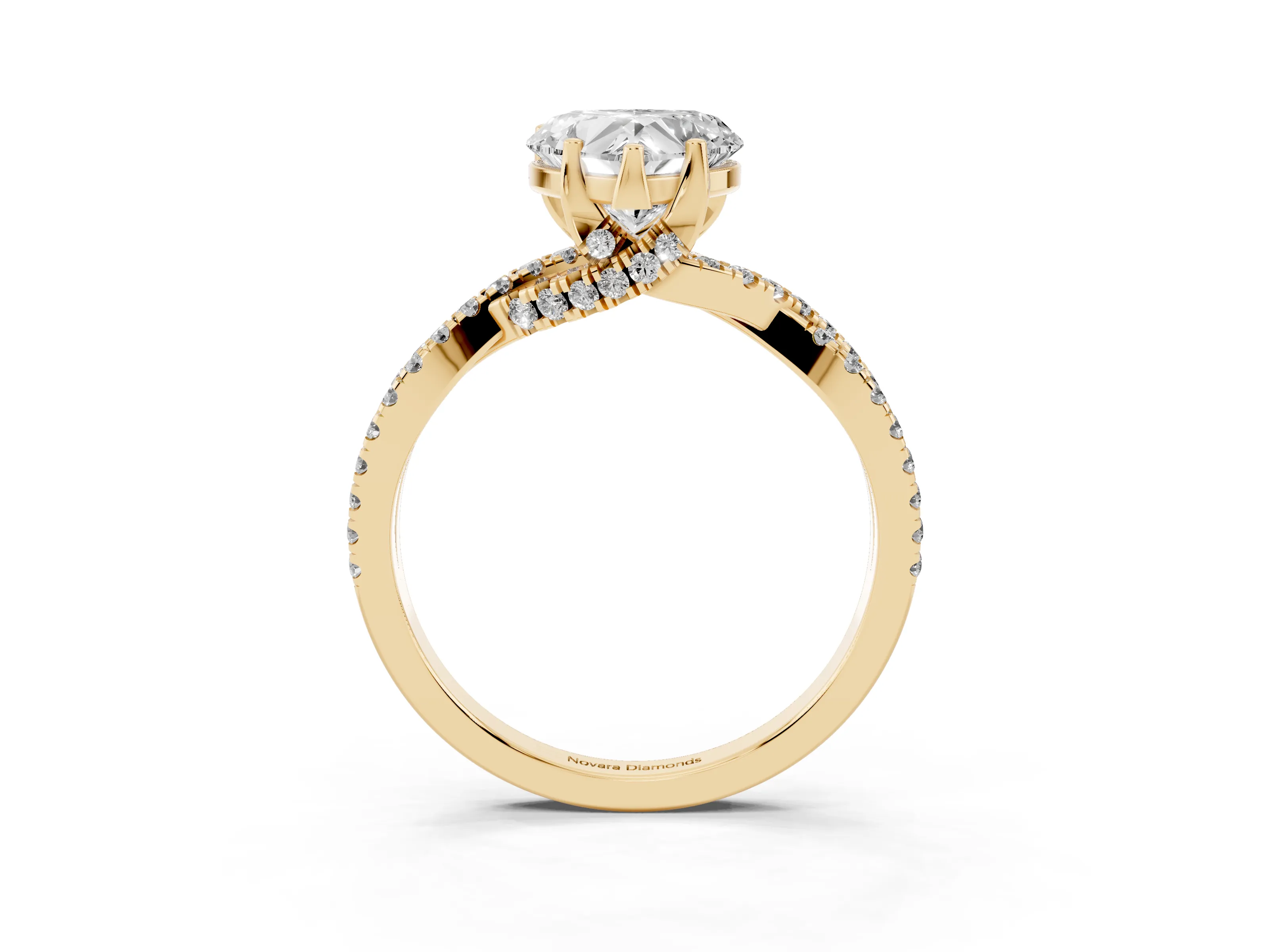 Heart Cut Diamond Twist Pavé Solitaire Engagement Ring Set in Yellow gold with Prong Setting