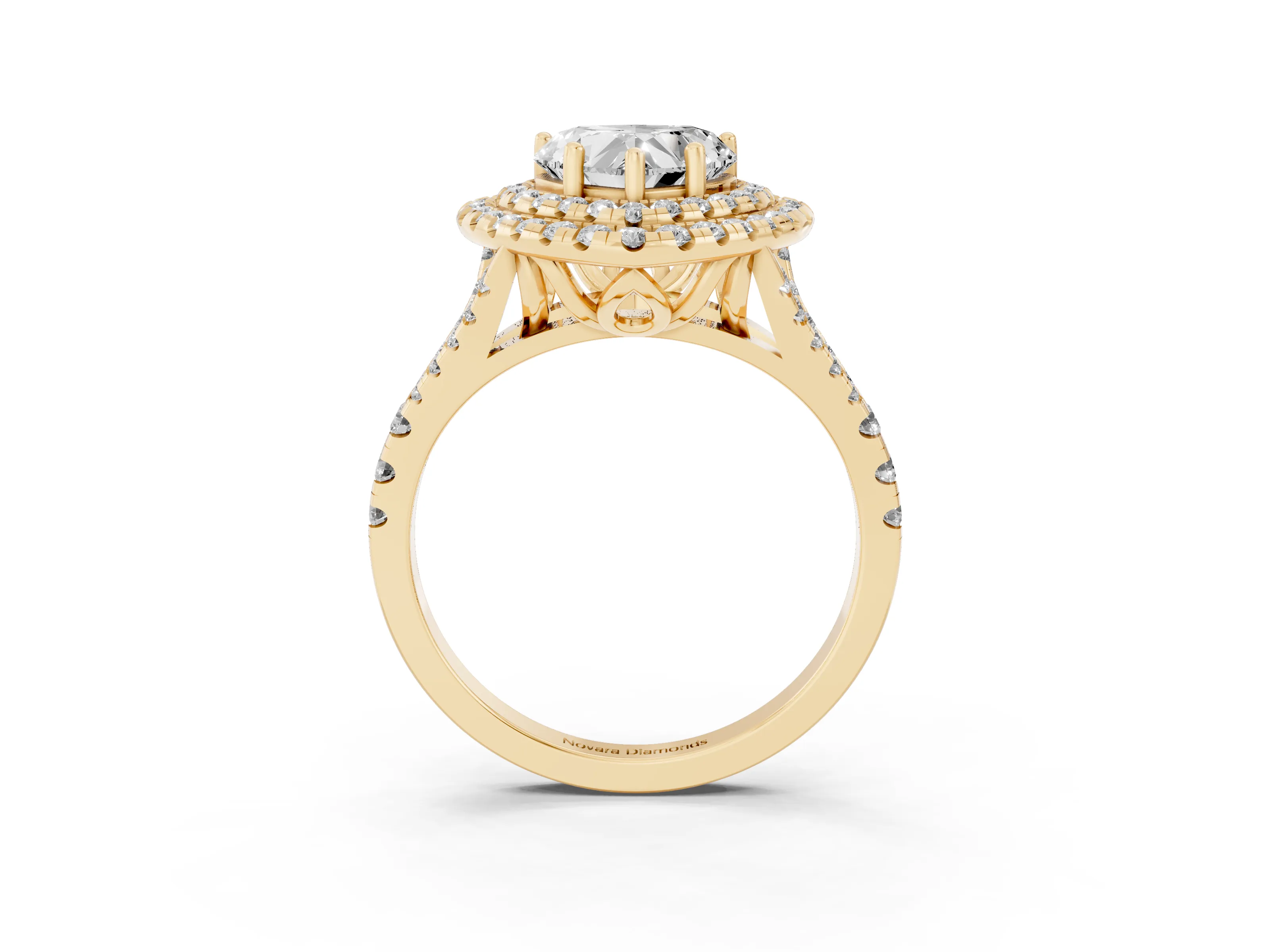 Heart Cut Diamond Double Halo Ring Set in Yellow gold with Pavé Split Shank and Prong Setting