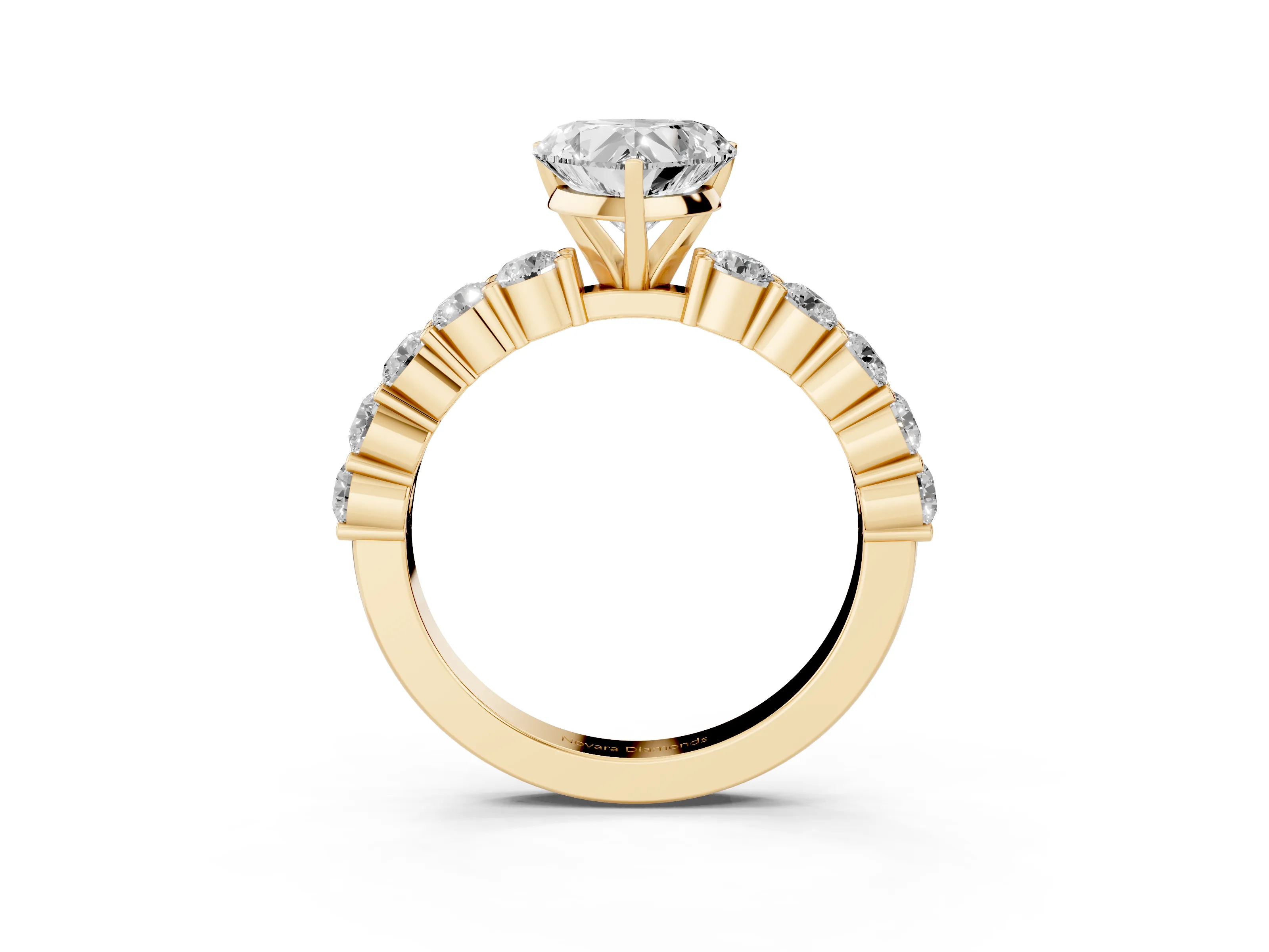 Heart Cut Diamond Solitaire Ring Set in Yellow gold with Shared Prong Round Side Stones