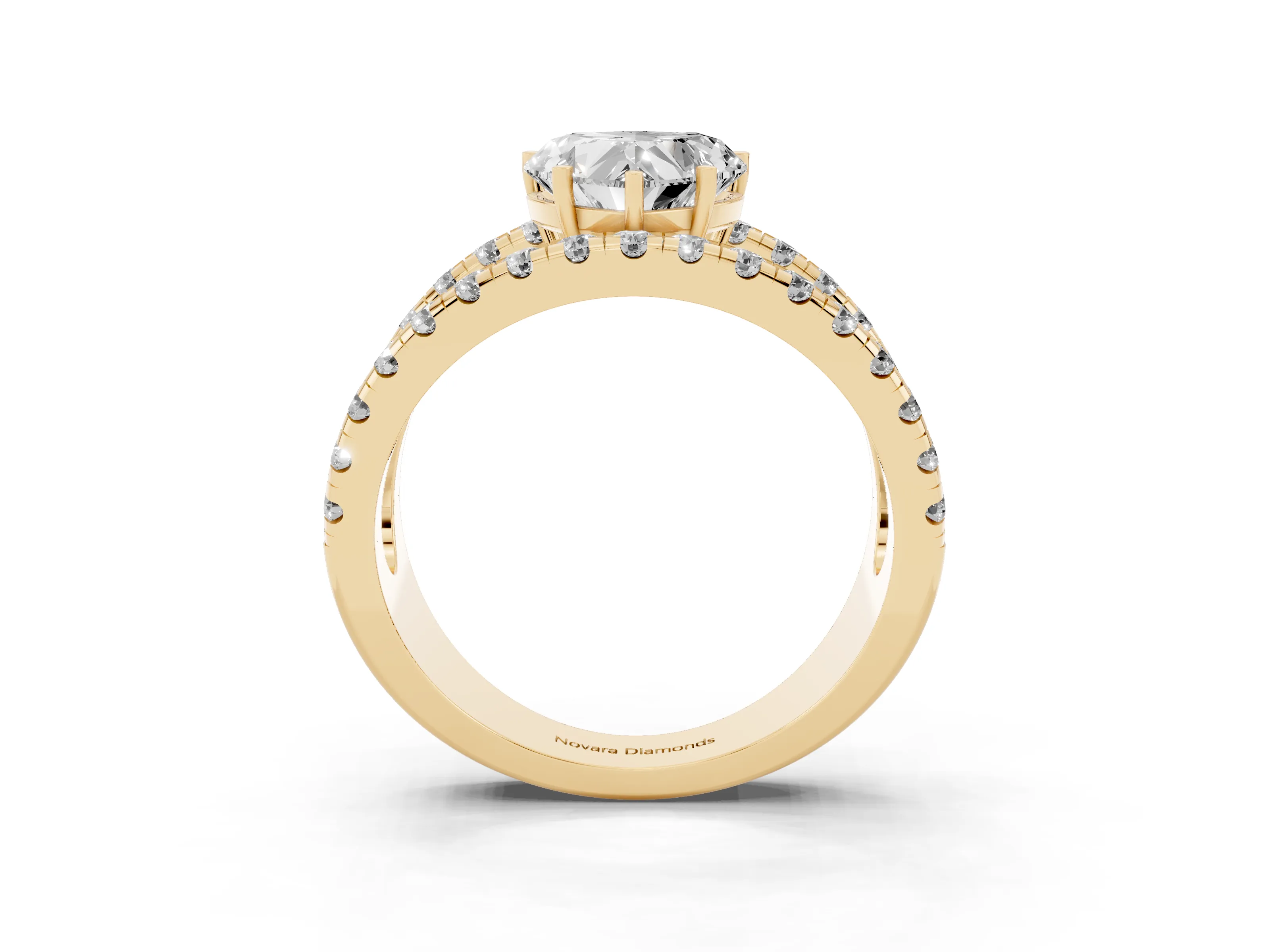 Heart Cut Diamond Split Shank Pavé Solitaire Ring Set in Yellow gold with Open Shank Design