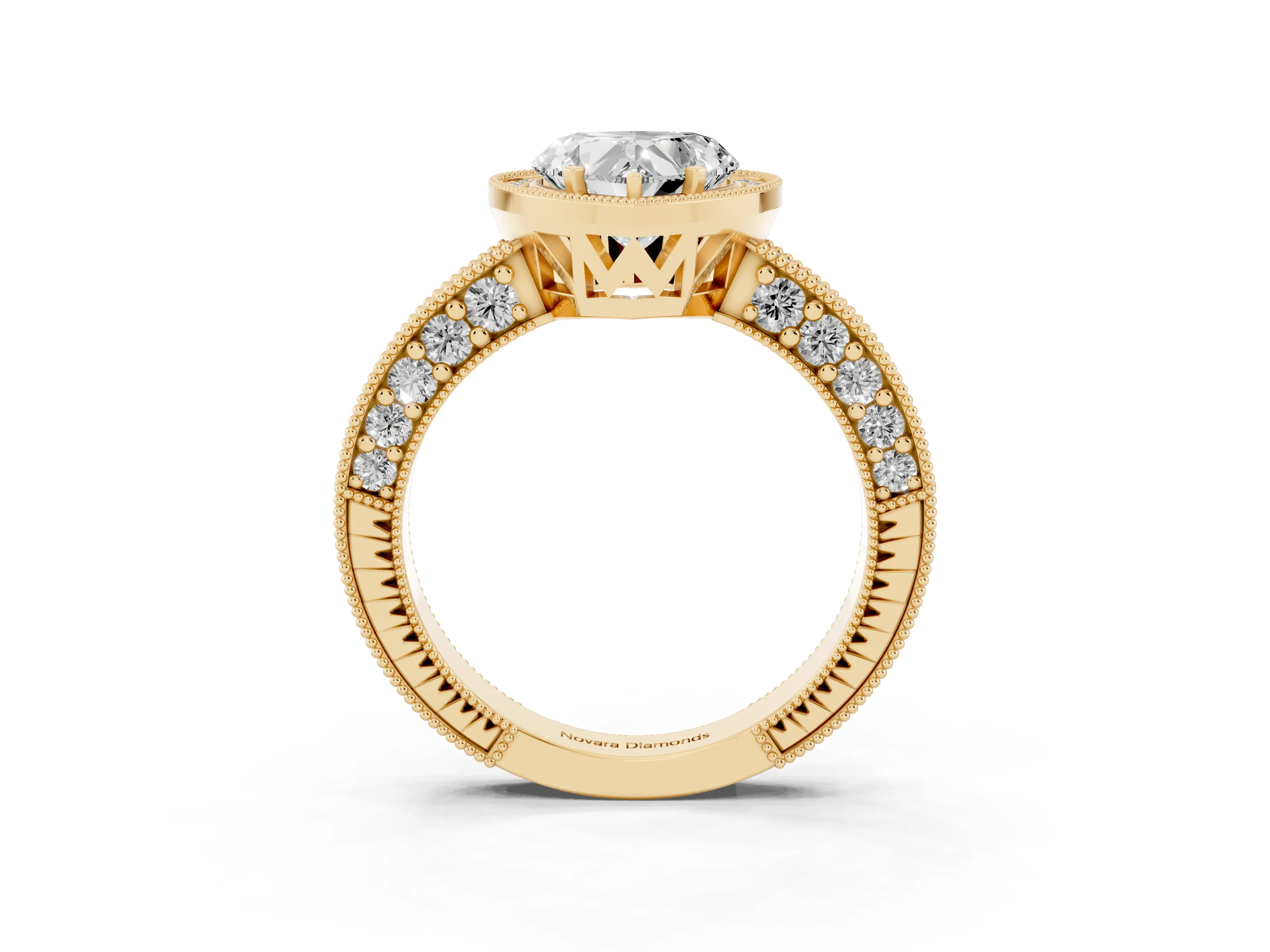Heart Cut Diamond Halo Pavé Band Ring Set in Yellow gold with Prong-Set Center
