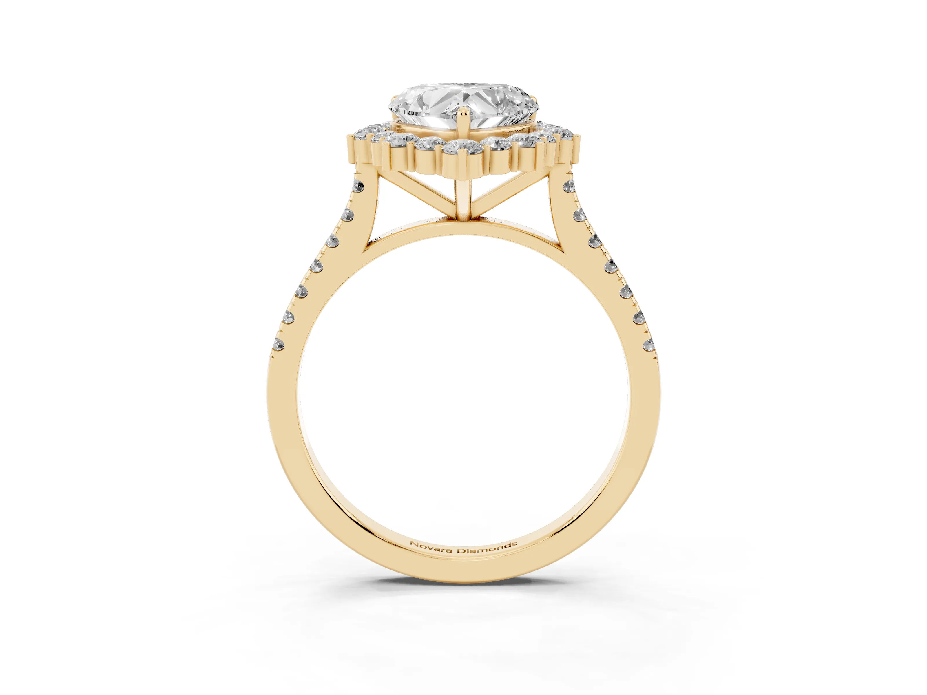 Heart Cut Diamond Halo Ring Set in Yellow gold with Pavé Band and Prong Setting