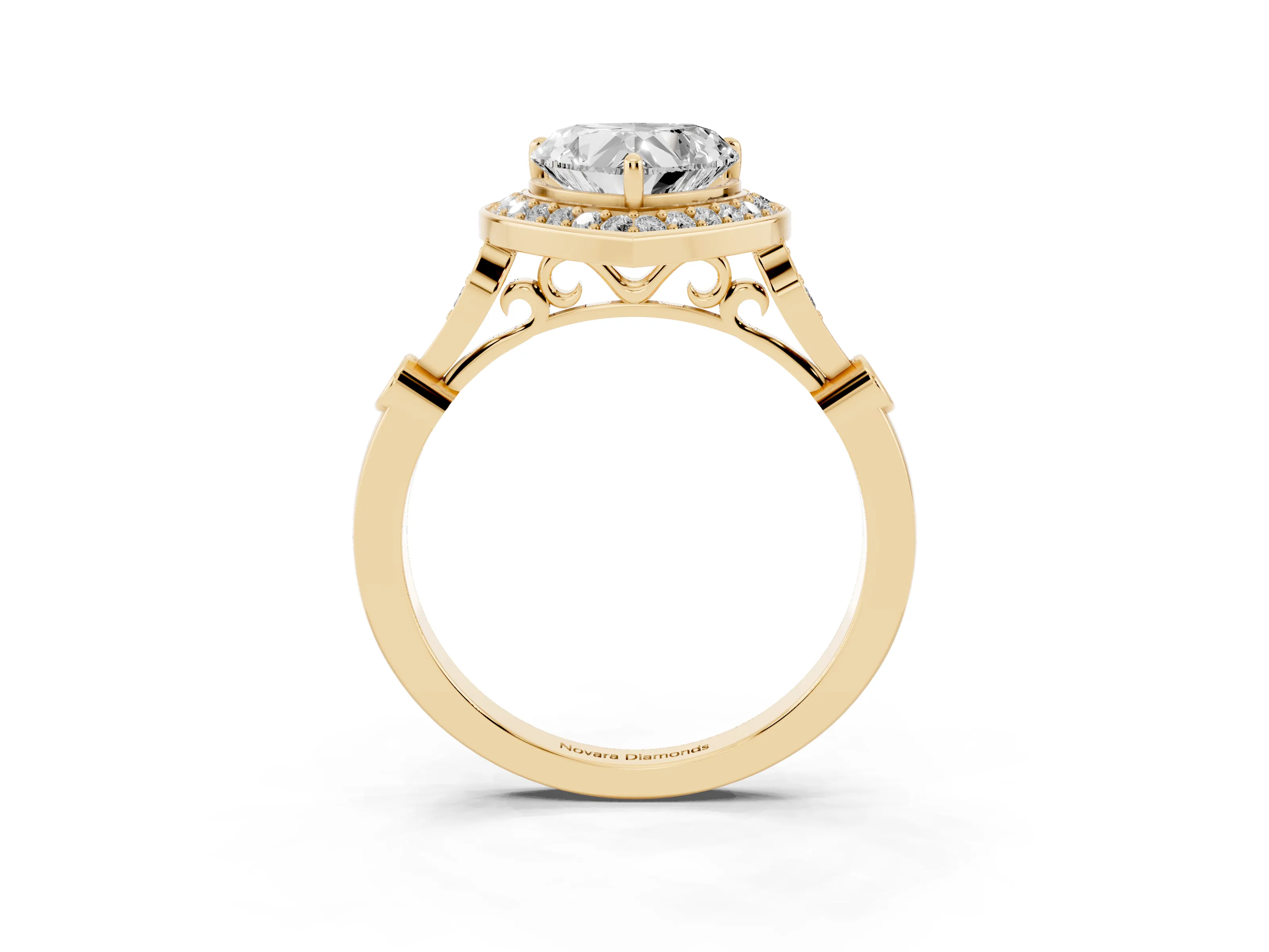 Heart Cut Diamond Halo Engagement Ring Set in Yellow gold with Twisted Band and Prong Setting