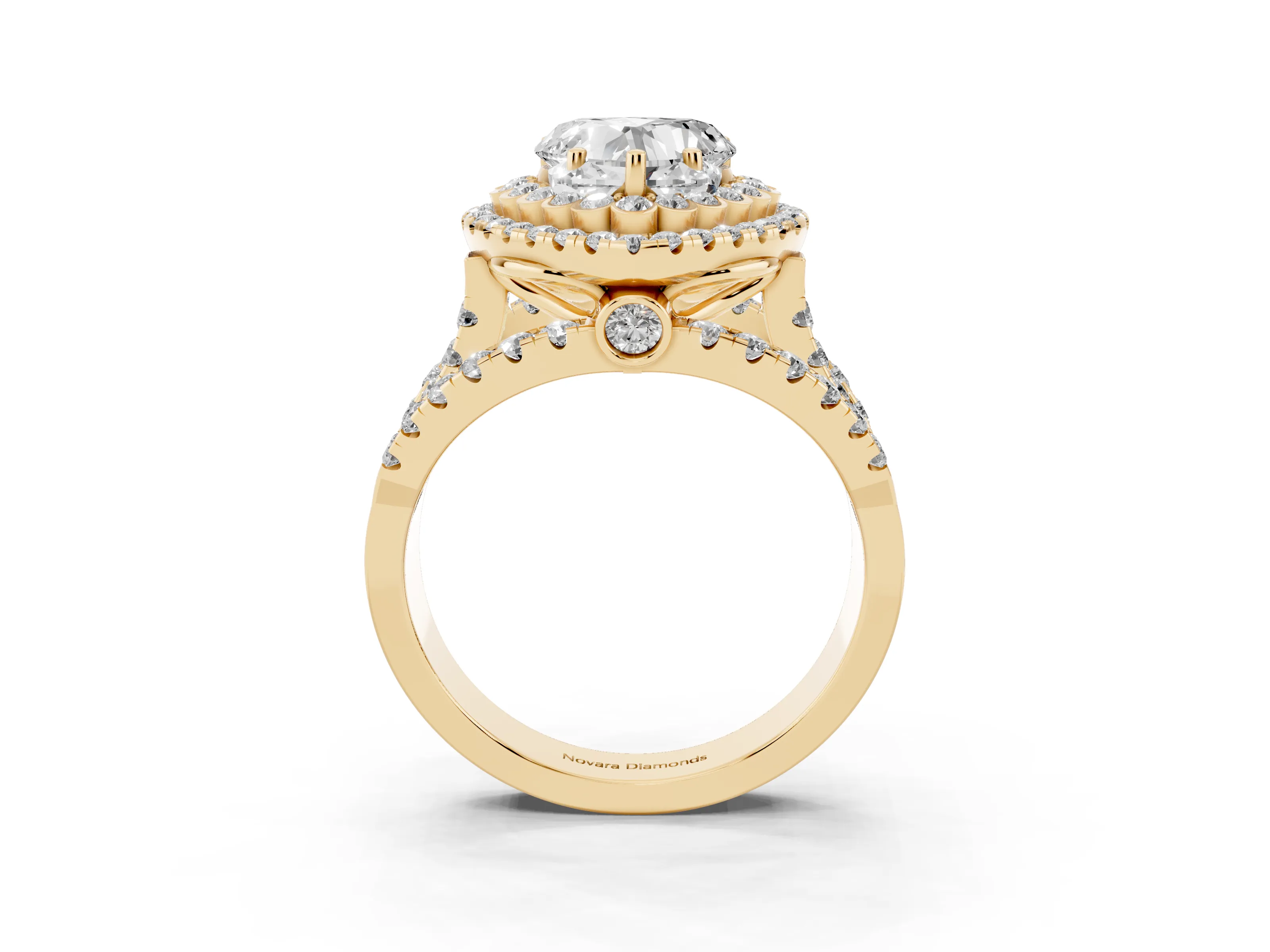 Heart Cut Diamond Double Halo Ring Set in Yellow gold with Round Pavé Split Shank