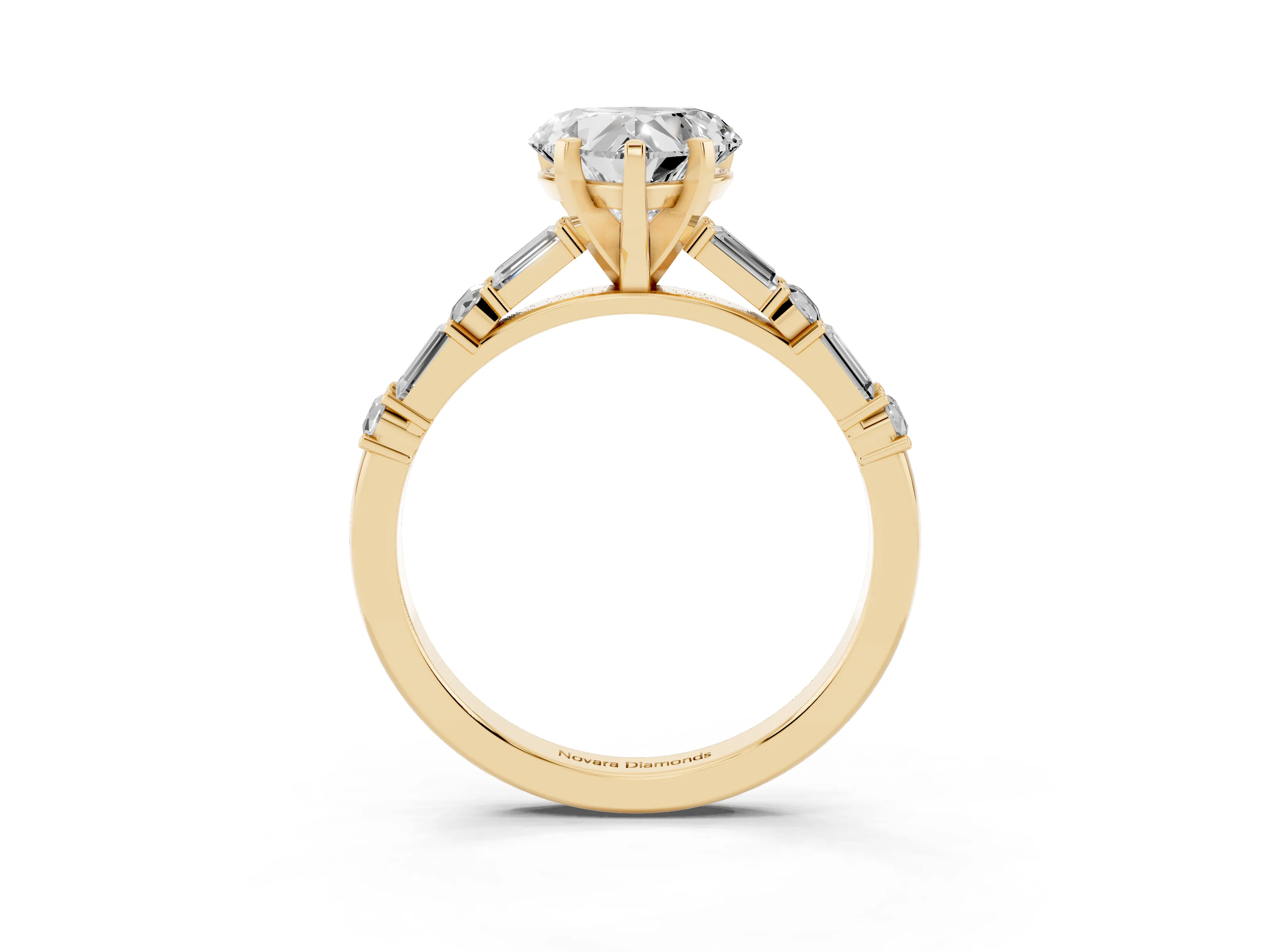 Heart Cut Diamond Solitaire Set in Yellow gold with Side Baguettes and Channel Set Band